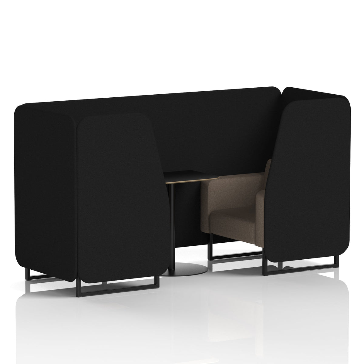 Commercial 2 Seater Privacy Booth with Black Table – Two Tone – Crib 5 X2 - Diameter Panels And Theory Sofa Black - Industrious Decor
