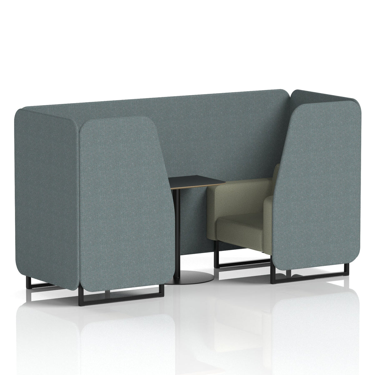 Commercial 2 Seater Privacy Booth with Black Table – Two Tone – Crib 5 Main Line Flax - Westminster Panels And Newbury Sofa Black - Industrious Decor