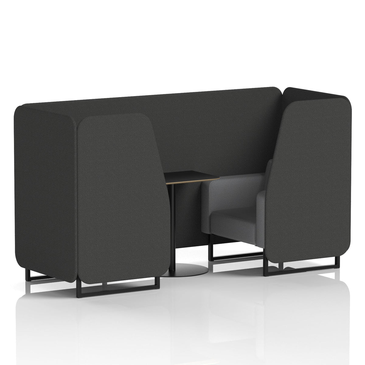 Commercial 2 Seater Privacy Booth with Black Table – Two Tone – Crib 5 Synergy - Mix Panels And Partner Sofa Black - Industrious Decor