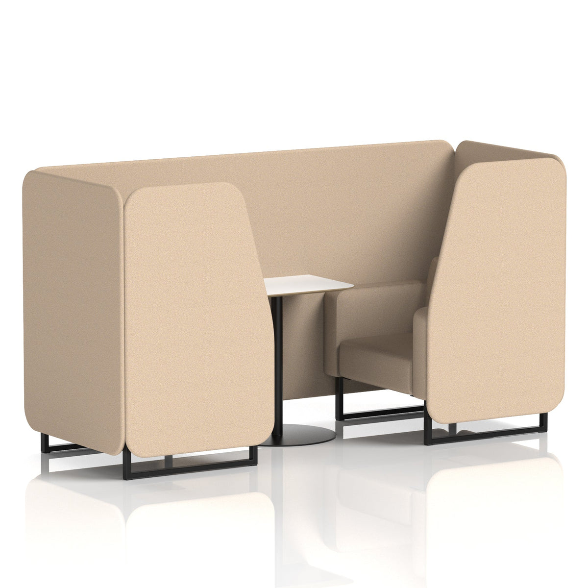 Commercial 2 Seater Privacy Booth with White Table – Single Tone – Crib 5 Synergy - Affix Panels And Sofa Black - Industrious Decor