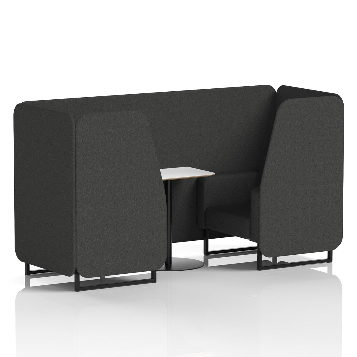 Commercial 2 Seater Privacy Booth with White Table – Single Tone – Crib 5 Synergy - Mix Panels And Sofa Black - Industrious Decor