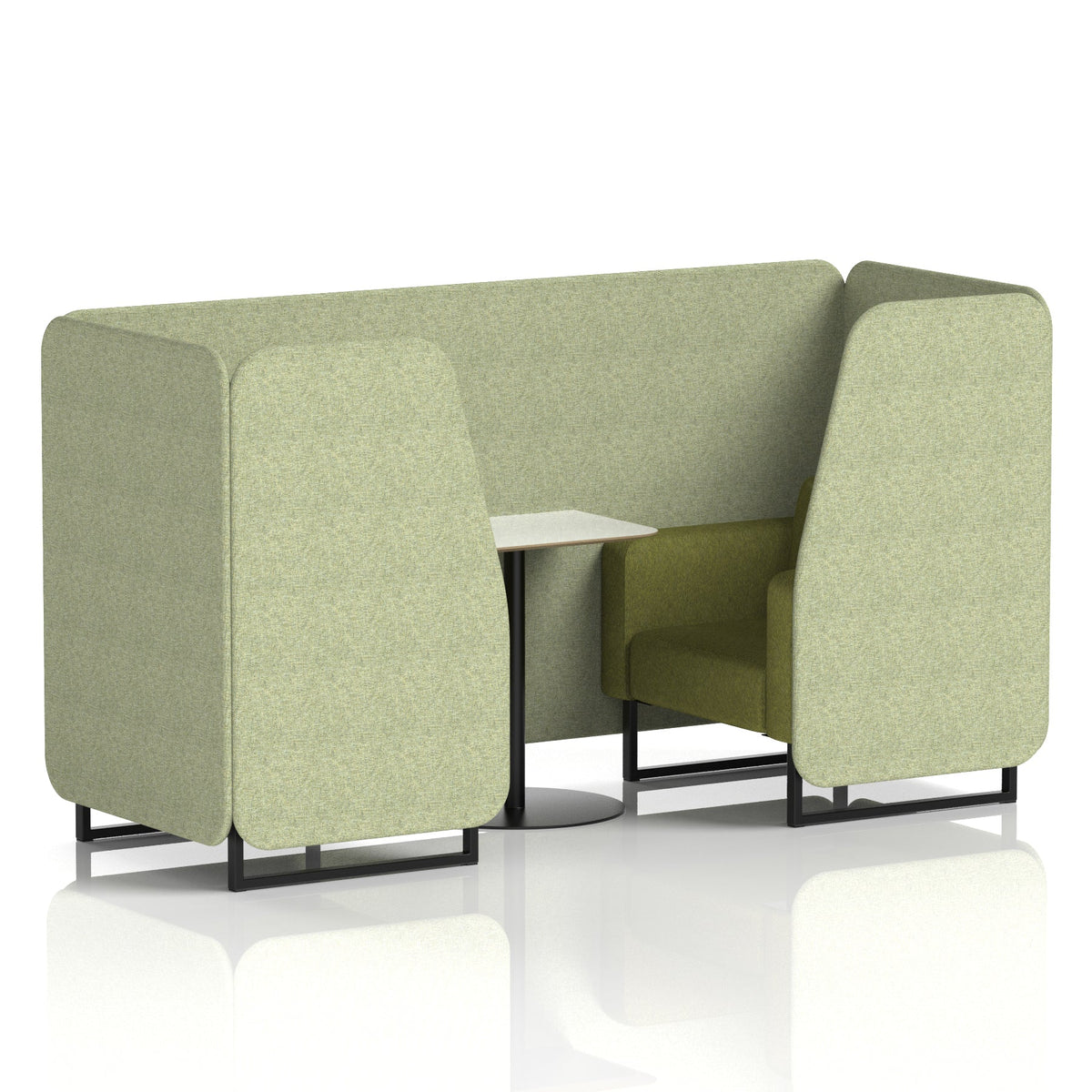 Commercial 2 Seater Privacy Booth with White Table – Two Tone – Crib 5 Rivet - Burnish Panels And Olive Sofa Black - Industrious Decor
