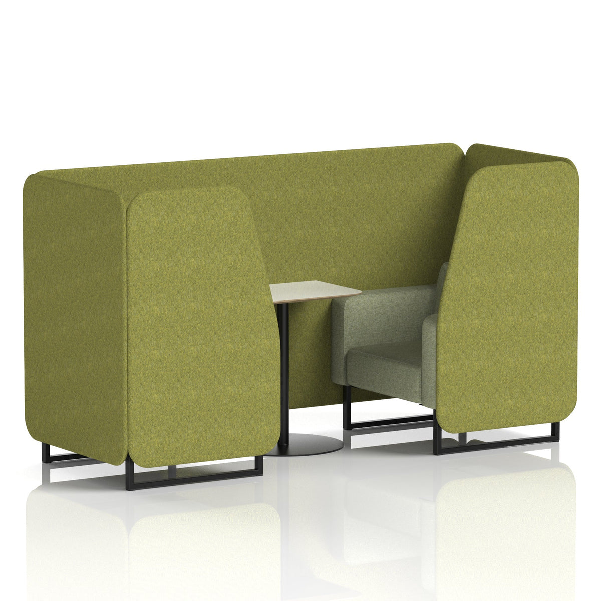 Commercial 2 Seater Privacy Booth with White Table – Two Tone – Crib 5 Rivet - Olive Panels And Burnish Sofa Black - Industrious Decor