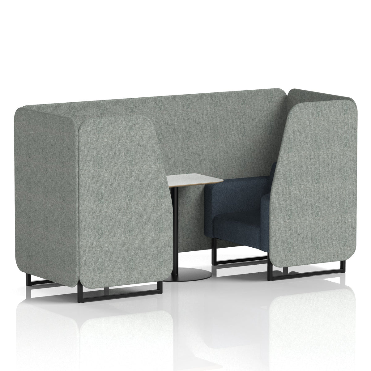 Commercial 2 Seater Privacy Booth with White Table – Two Tone – Crib 5 Rivet - Prime Panels And Crucible Sofa Black - Industrious Decor