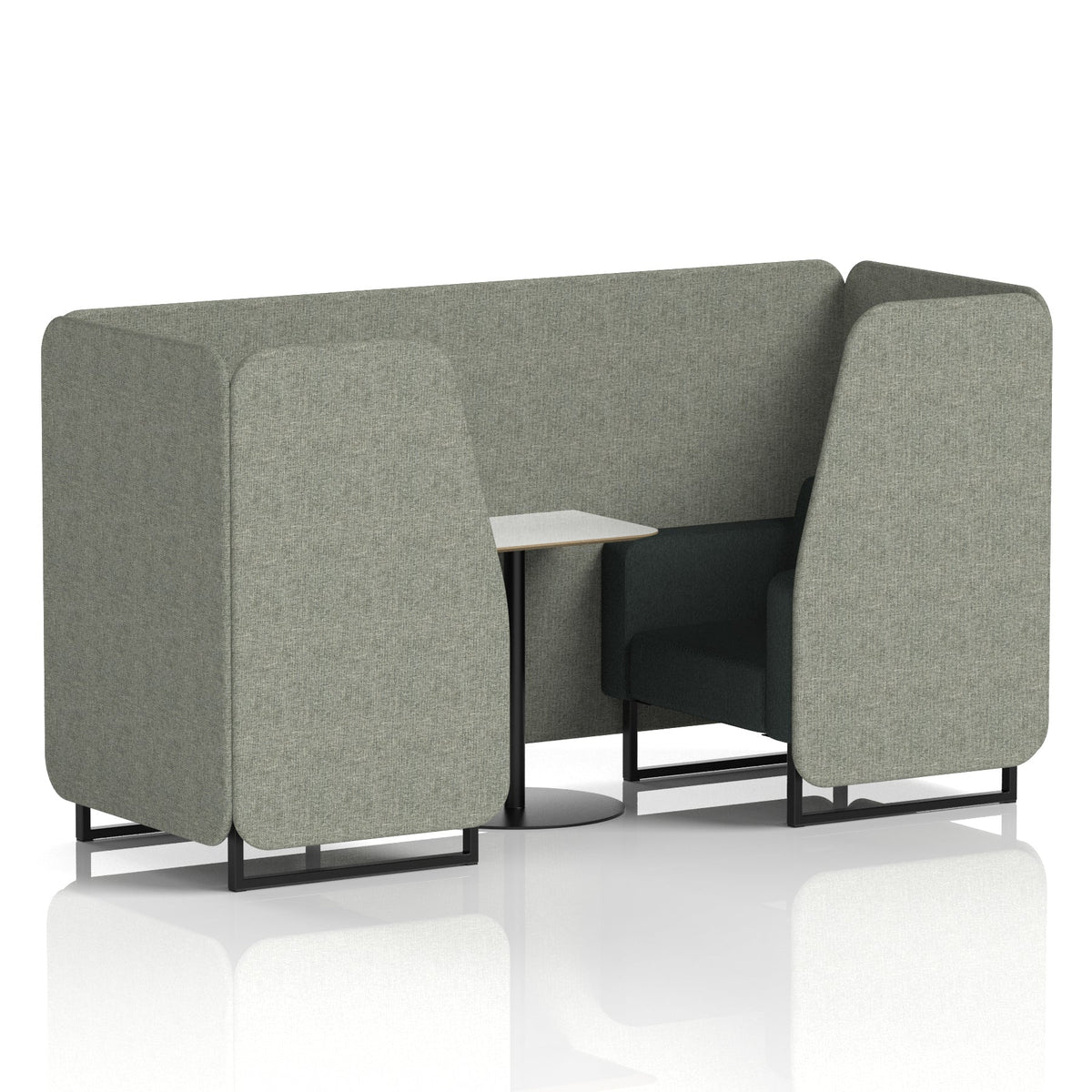 Commercial 2 Seater Privacy Booth with White Table – Two Tone – Crib 5 Rivet - Vitreous Panels And Charcoal Sofa Black - Industrious Decor