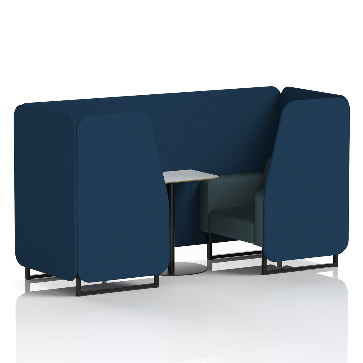 Commercial 2 Seater Privacy Booth with White Table – Two Tone – Crib 5 X2 - Calculus Panels And Polygon Sofa Black - Industrious Decor