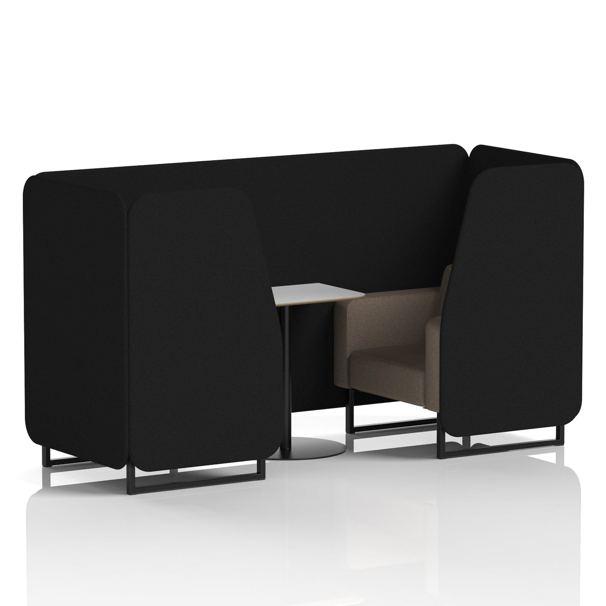 Commercial 2 Seater Privacy Booth with White Table – Two Tone – Crib 5 X2 - Diameter Panels And Theory Sofa Black - Industrious Decor