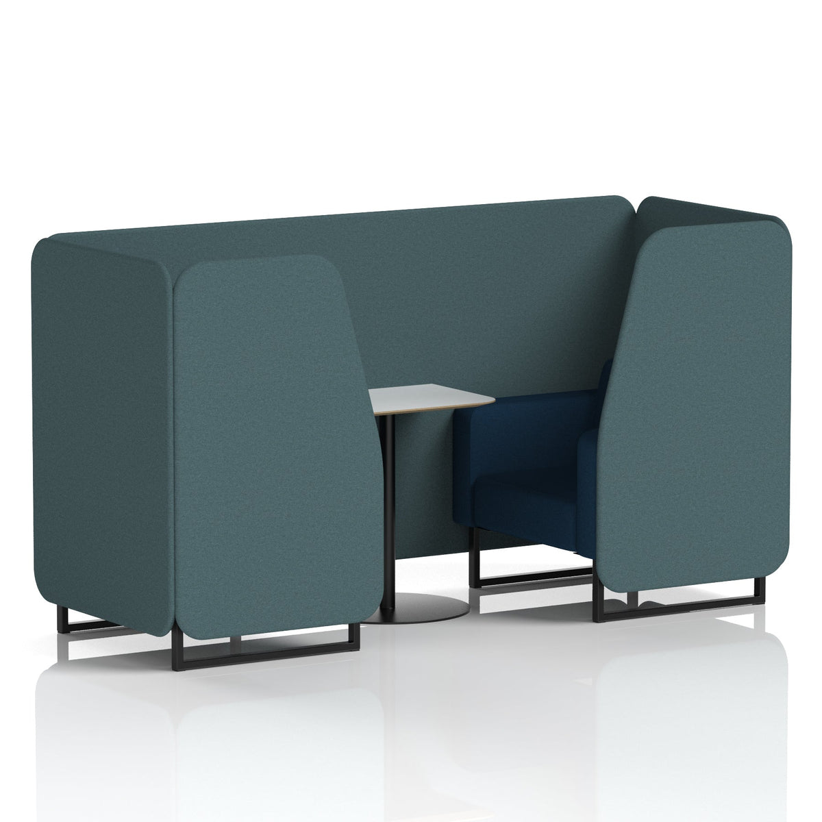 Commercial 2 Seater Privacy Booth with White Table – Two Tone – Crib 5 X2 - Polygon Panels And Calculus Sofa Black - Industrious Decor
