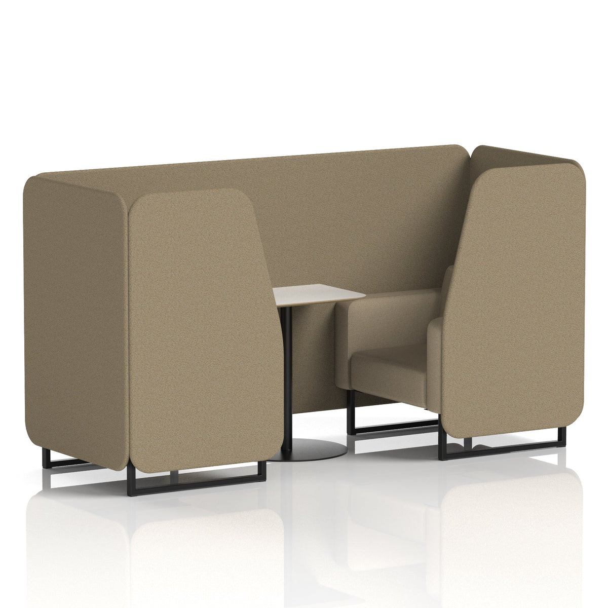 Commercial 2 Seater Privacy Booth with White Table – Two Tone – Crib 5 Main Line Flax - Bank Panels And Upminster Sofa Black - Industrious Decor