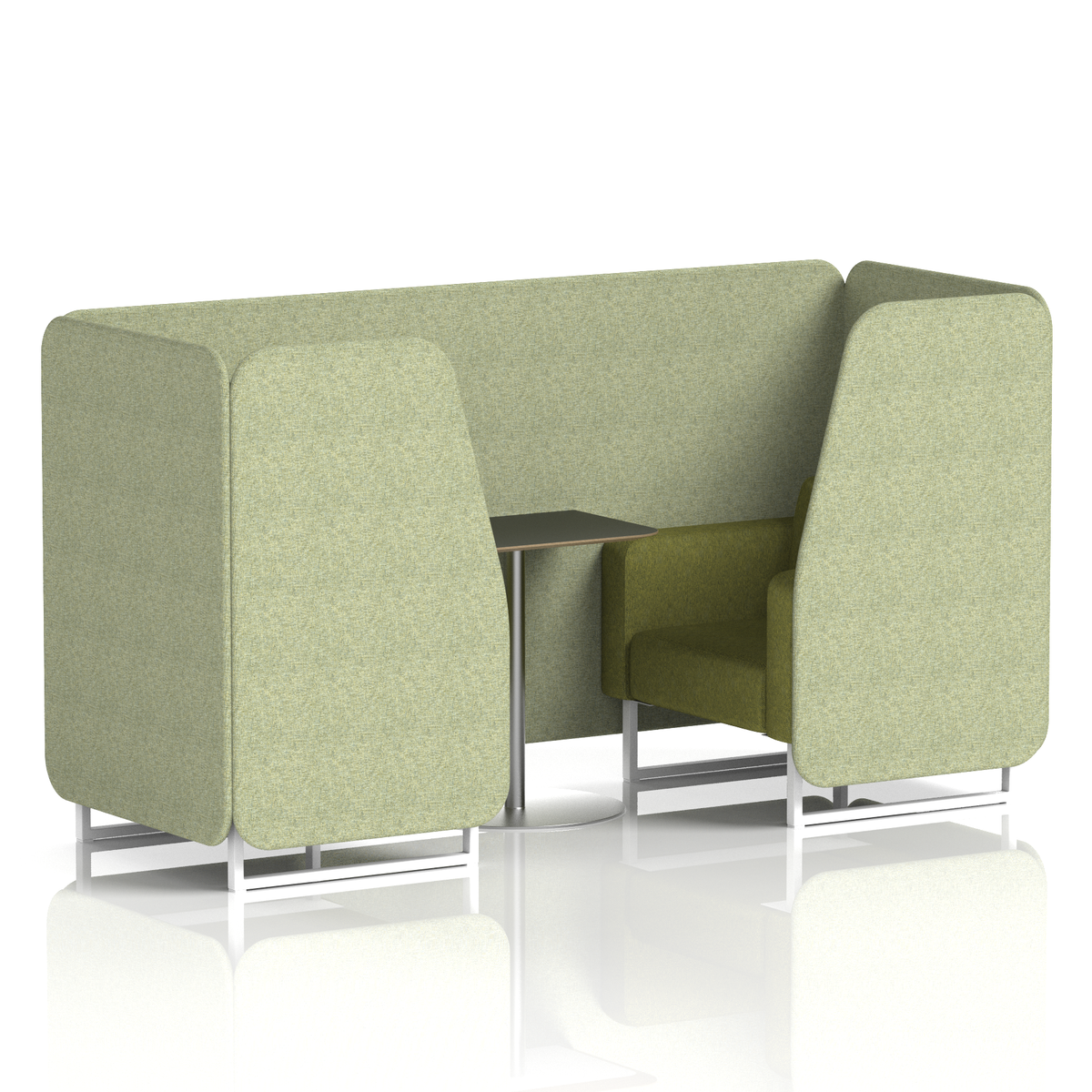 Commercial 2 Seater Privacy Booth with Black Table – Two Tone – Crib 5 Rivet - Burnish Panels And Olive Sofa White - Industrious Decor