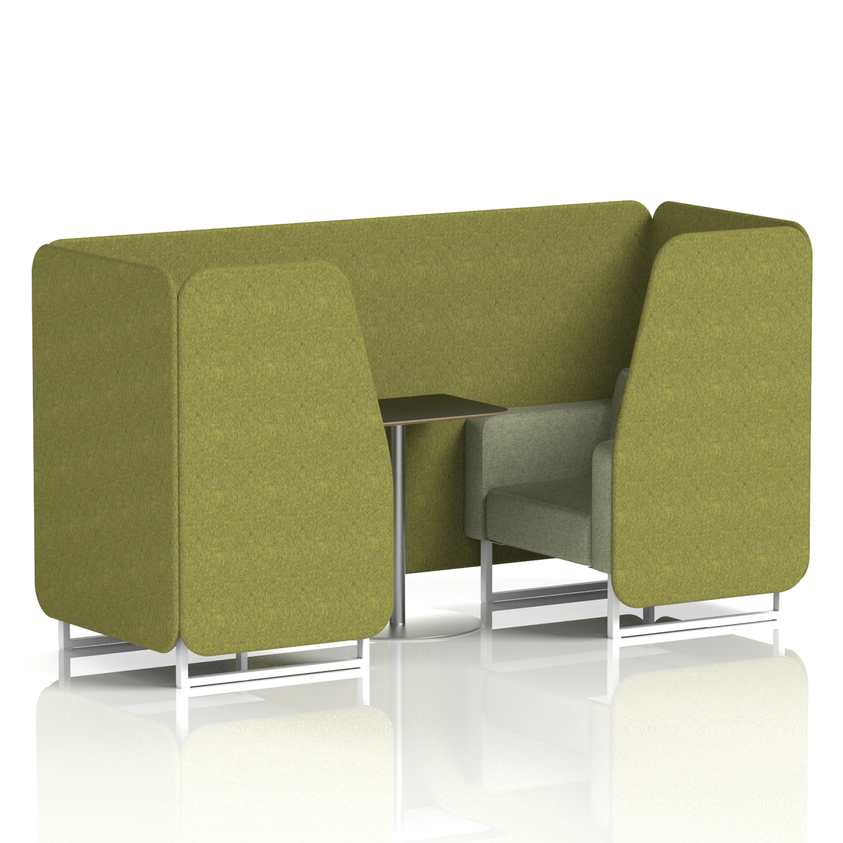Commercial 2 Seater Privacy Booth with Black Table – Two Tone – Crib 5 Rivet - Olive Panels And Burnish Sofa White - Industrious Decor