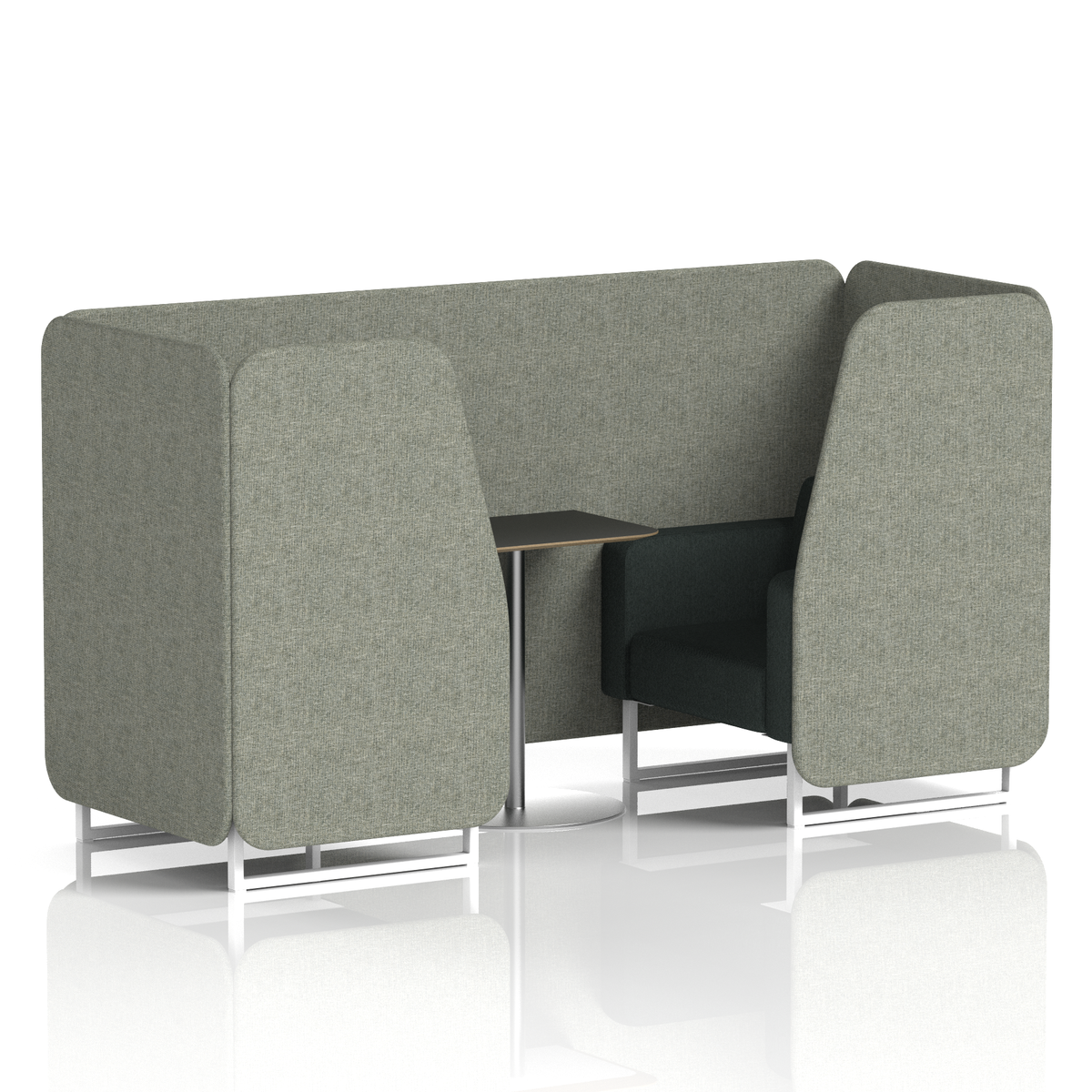 Commercial 2 Seater Privacy Booth with Black Table – Two Tone – Crib 5 Rivet - Vitreous Panels And Charcoal Sofa White - Industrious Decor