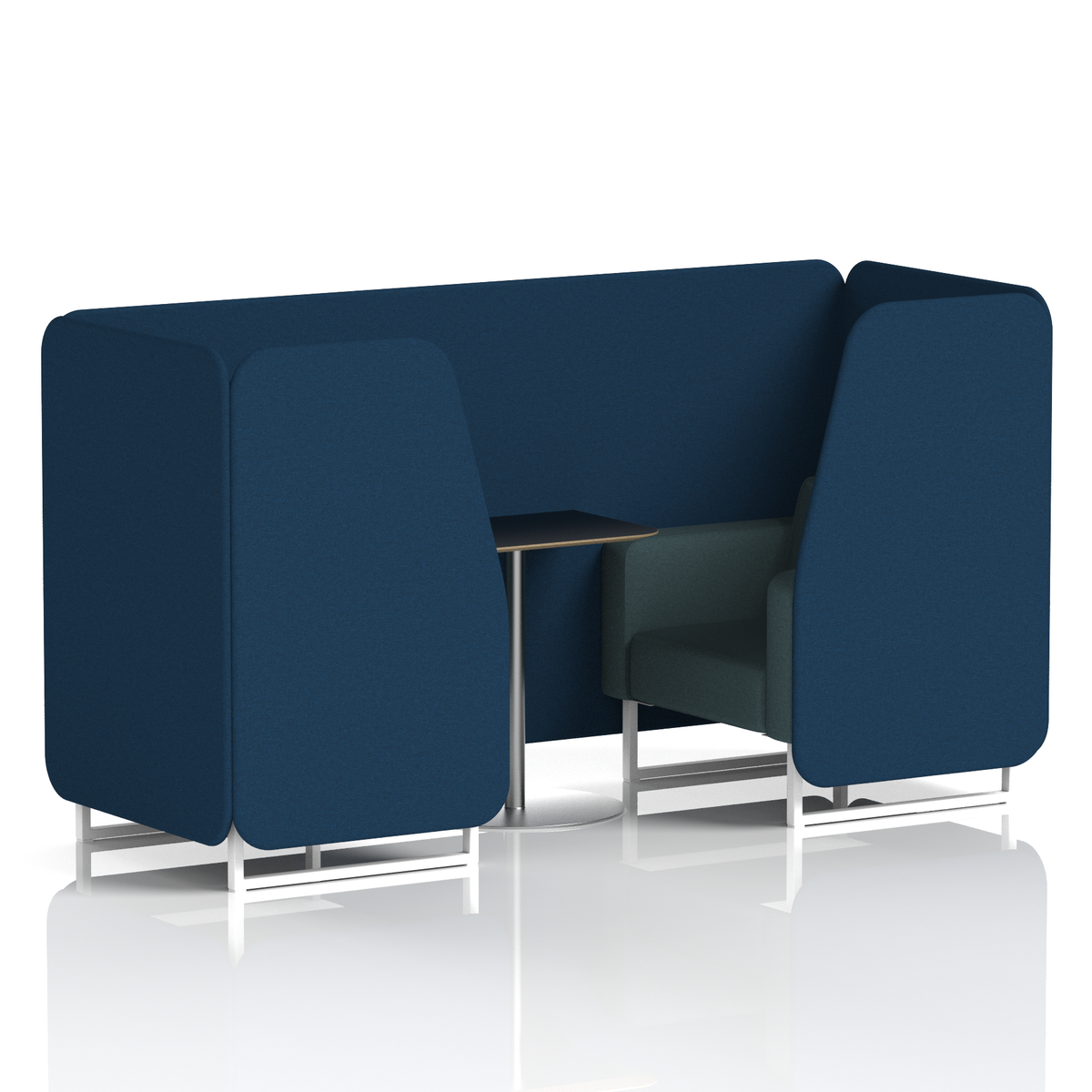 Commercial 2 Seater Privacy Booth with Black Table – Two Tone – Crib 5 X2 - Calculus Panels And Polygon Sofa White - Industrious Decor