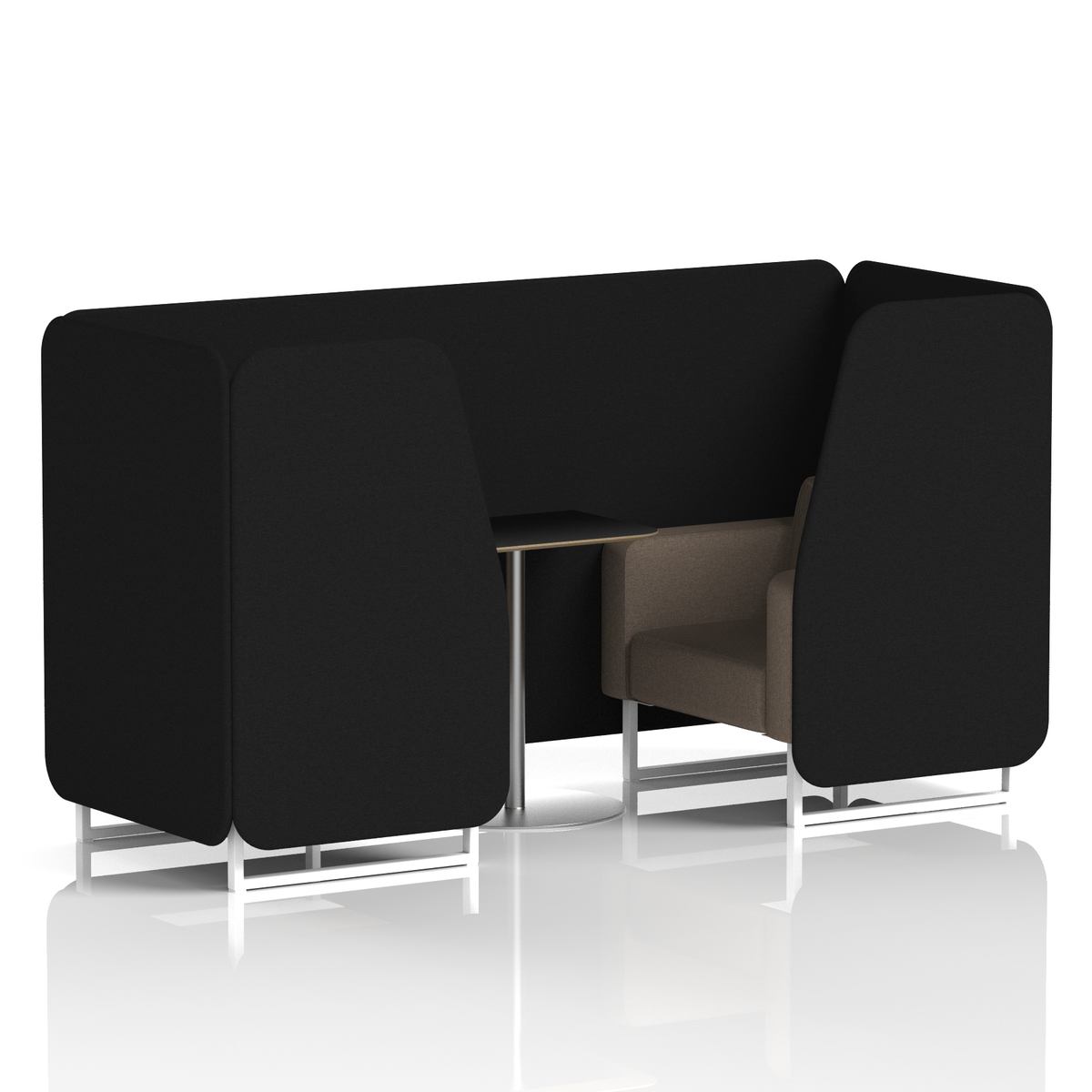 Commercial 2 Seater Privacy Booth with Black Table – Two Tone – Crib 5 X2 - Diameter Panels And Theory Sofa White - Industrious Decor