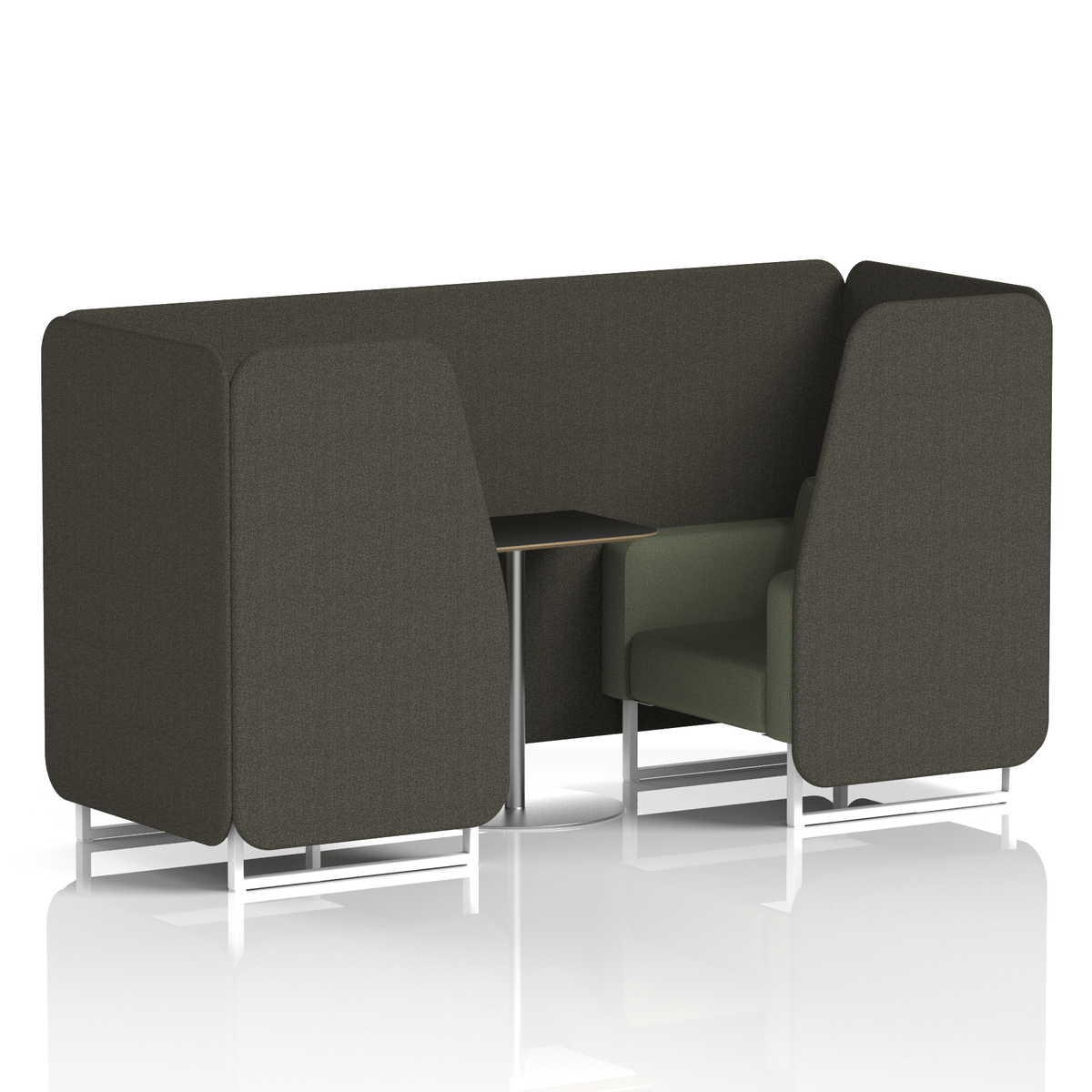 Commercial 2 Seater Privacy Booth with Black Table – Two Tone – Crib 5 Main Line Flax - Temple Panels And Monument Sofa White - Industrious Decor