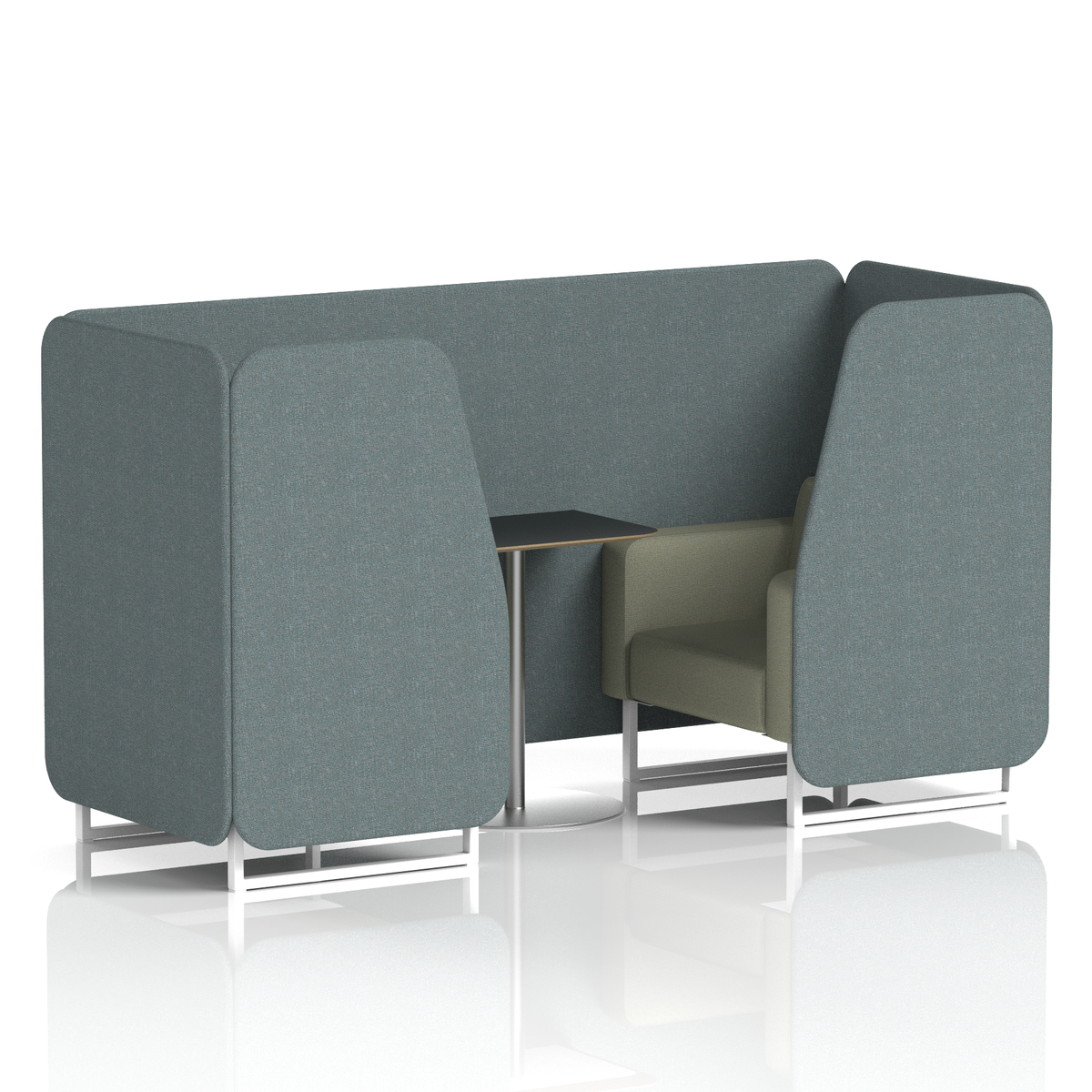 Commercial 2 Seater Privacy Booth with Black Table – Two Tone – Crib 5 Main Line Flax - Westminster Panels And Newbury Sofa White - Industrious Decor