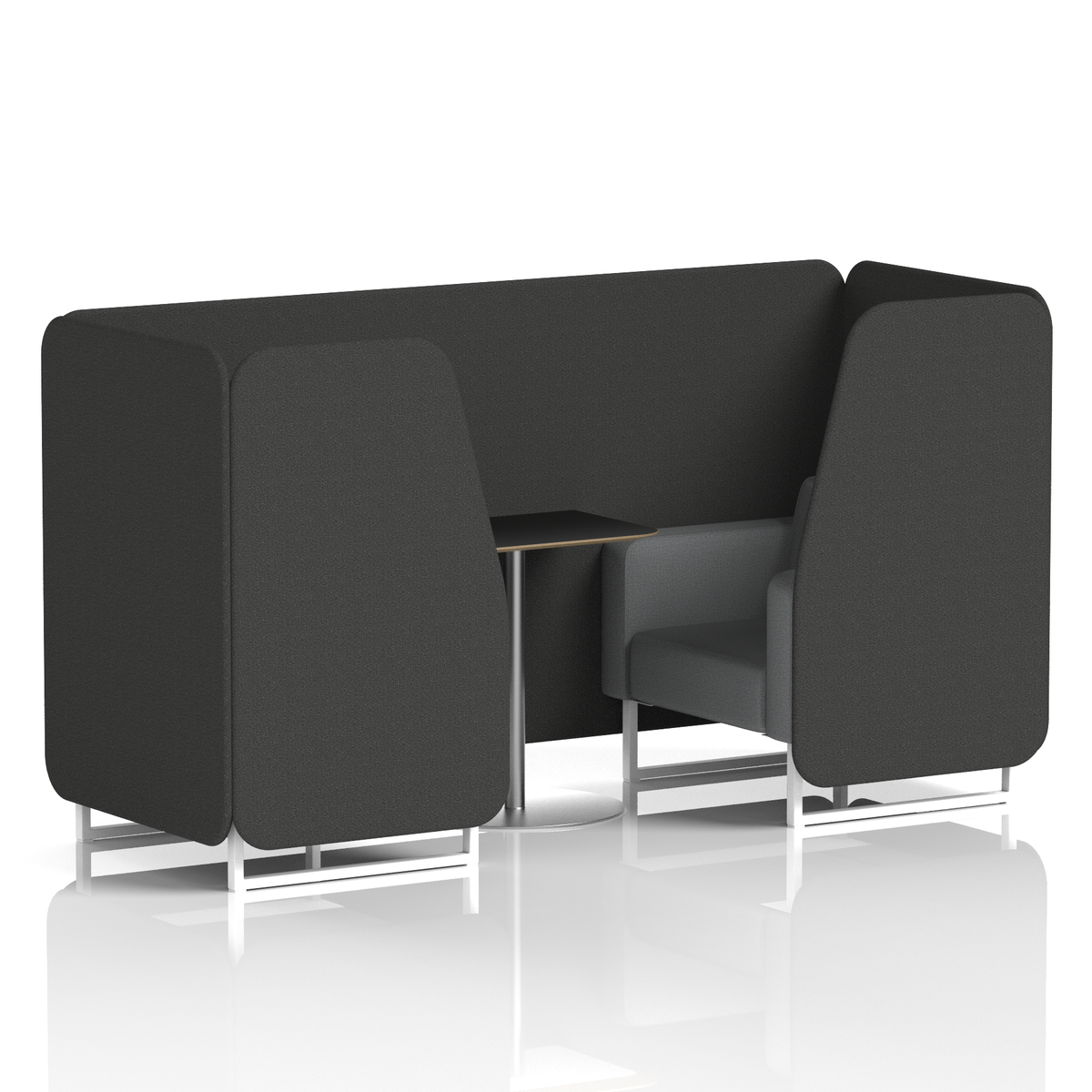 Commercial 2 Seater Privacy Booth with Black Table – Two Tone – Crib 5 Synergy - Mix Panels And Partner Sofa White - Industrious Decor