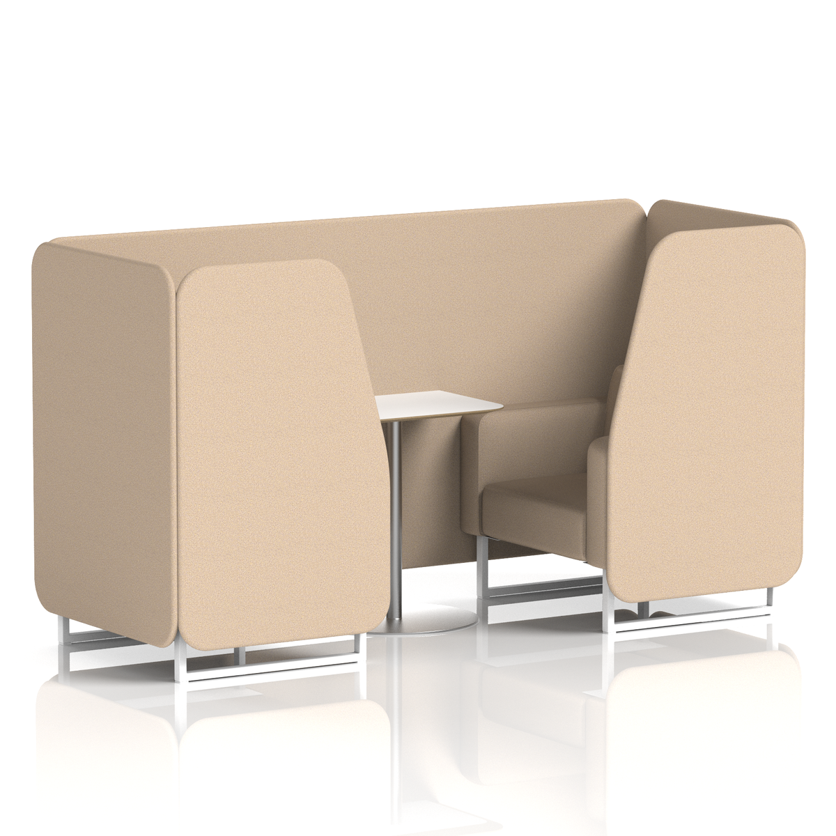 Commercial 2 Seater Privacy Booth with White Table – Single Tone – Crib 5 Synergy - Affix Panels And Sofa White - Industrious Decor
