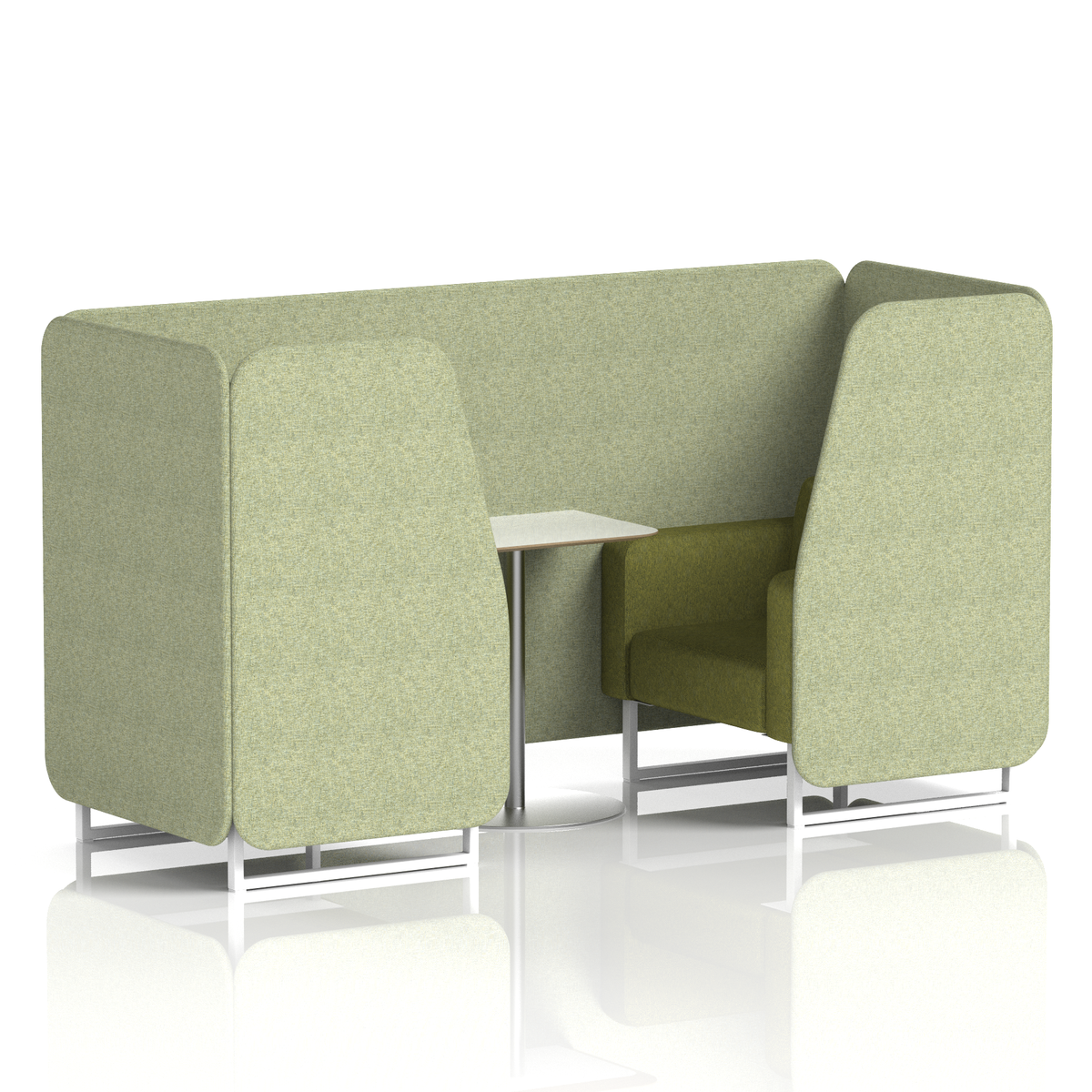 Commercial 2 Seater Privacy Booth with White Table – Two Tone – Crib 5 Rivet - Burnish Panels And Olive Sofa White - Industrious Decor