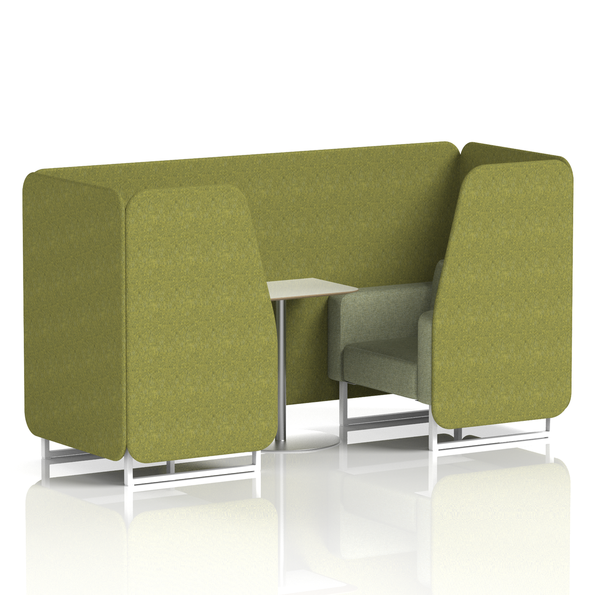 Commercial 2 Seater Privacy Booth with White Table – Two Tone – Crib 5 Rivet - Olive Panels And Burnish Sofa White - Industrious Decor