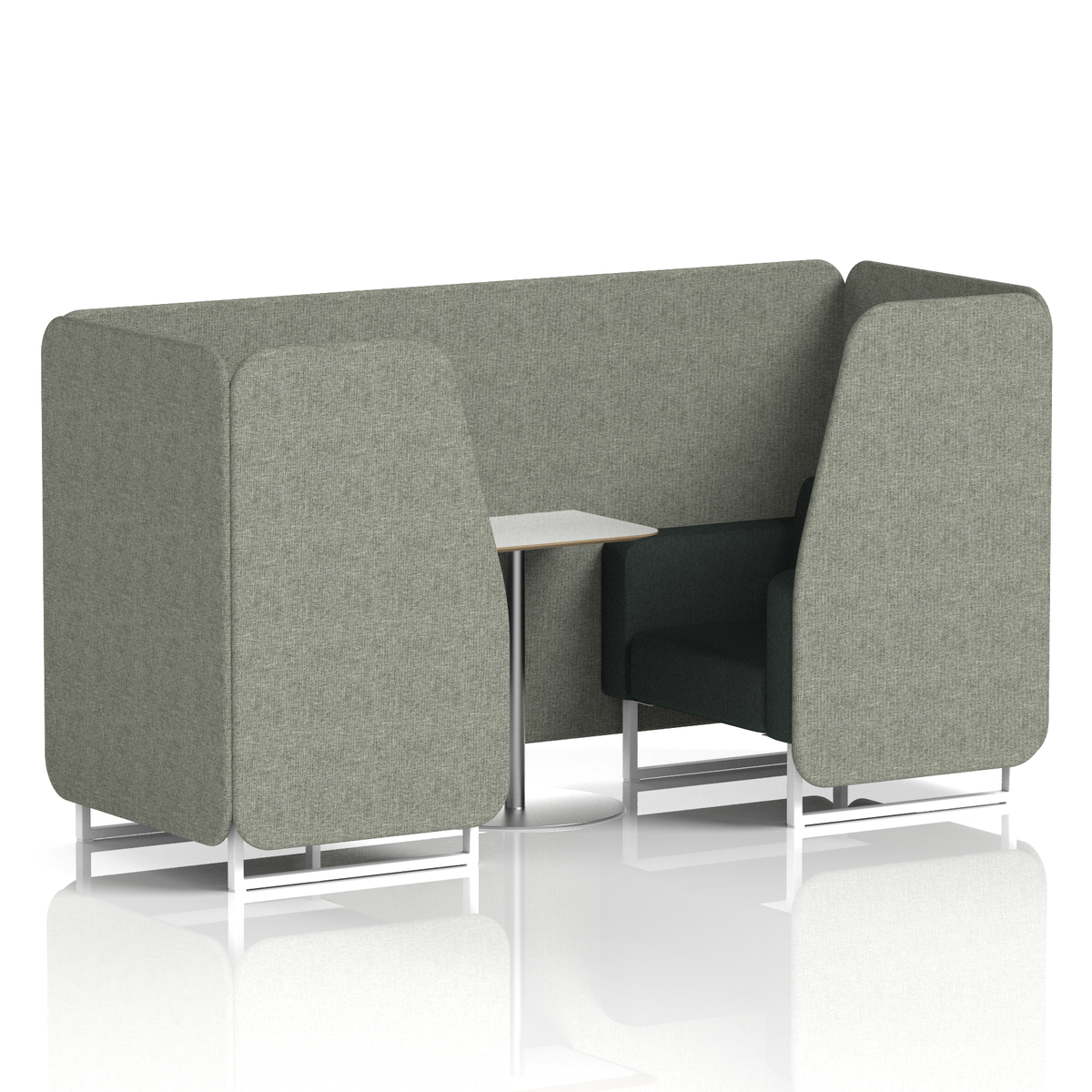 Commercial 2 Seater Privacy Booth with White Table – Two Tone – Crib 5 Rivet - Vitreous Panels And Charcoal Sofa White - Industrious Decor