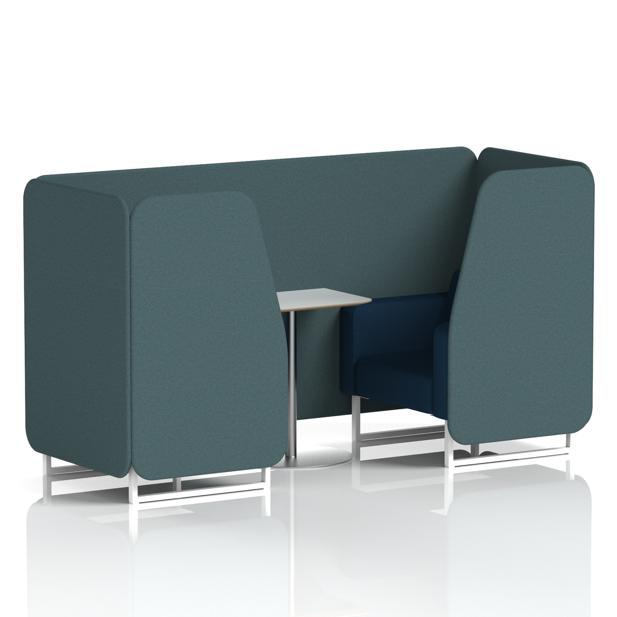Commercial 2 Seater Privacy Booth with White Table – Two Tone – Crib 5 X2 - Polygon Panels And Calculus Sofa White - Industrious Decor