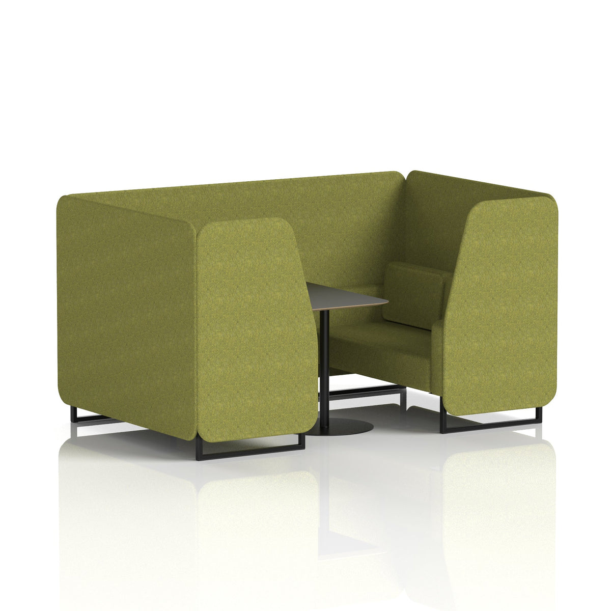 Commercial 4 Seater Privacy Booth with Black Table – Single Tone – Crib 5 Rivet - Olive Panels And Sofa Black - Industrious Decor