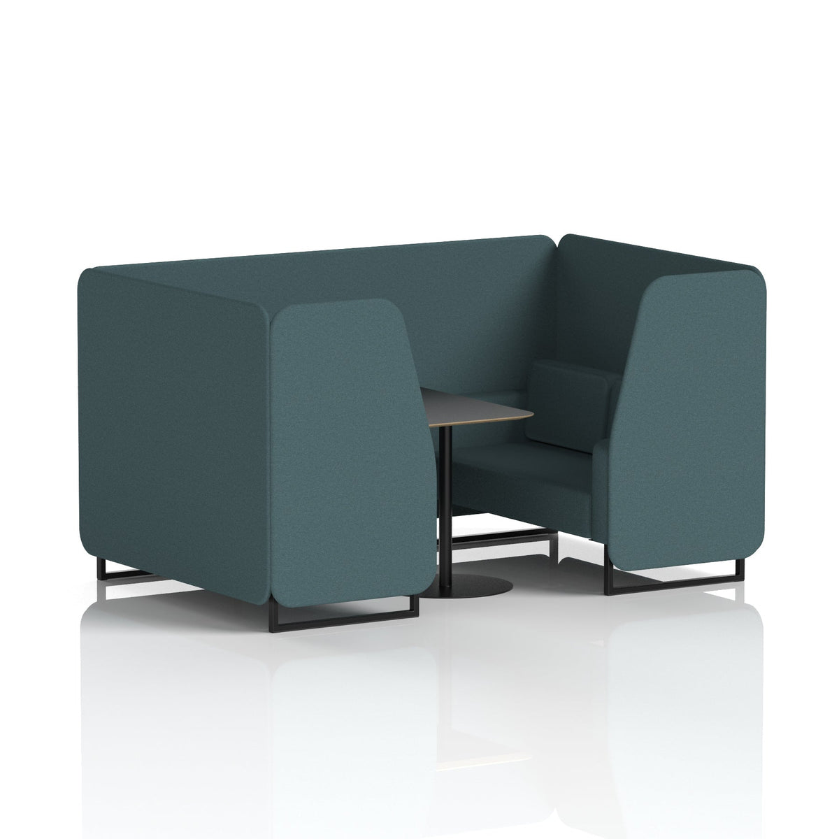 Commercial 4 Seater Privacy Booth with Black Table – Single Tone – Crib 5 X2 - Polygon Panels And Sofa Black - Industrious Decor