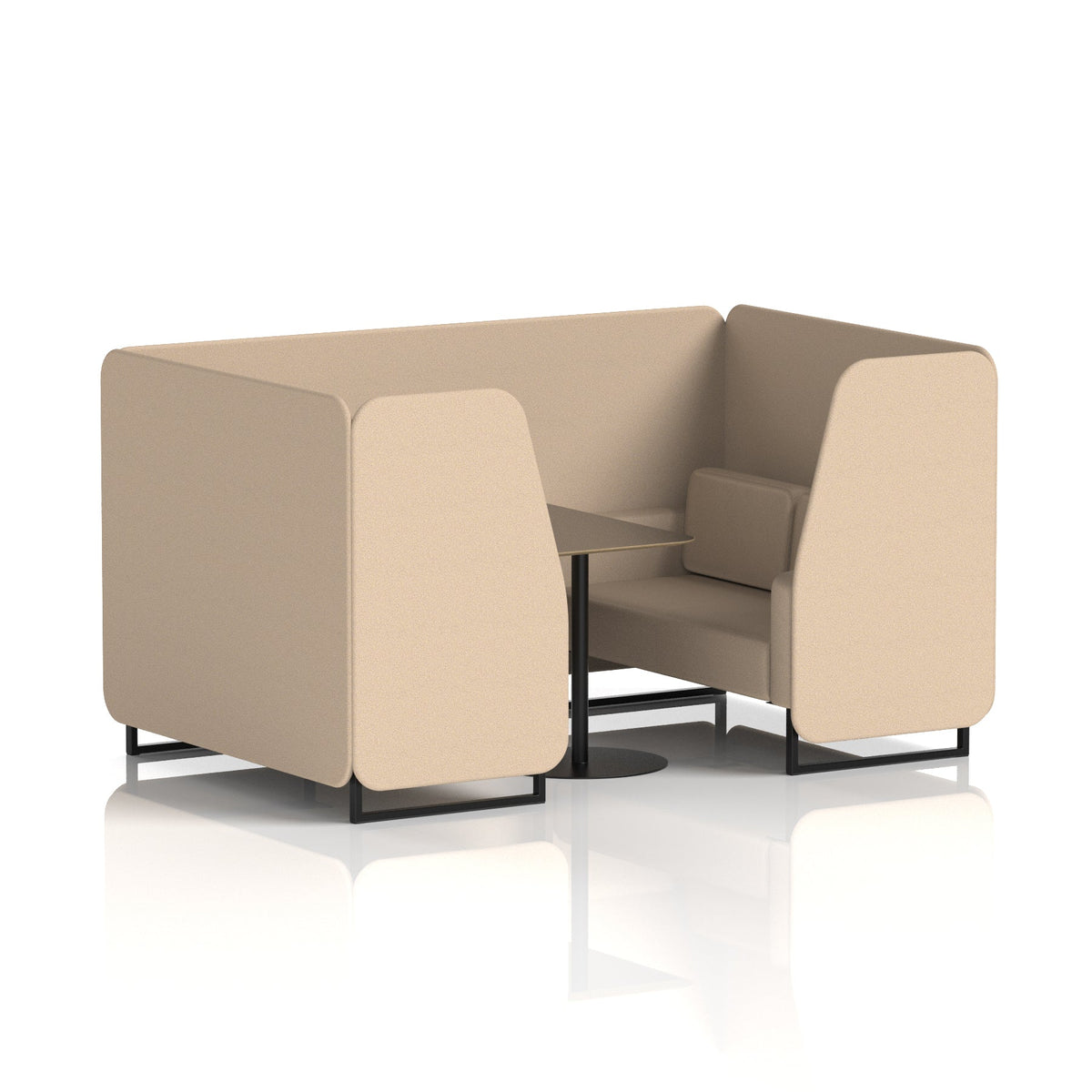 Commercial 4 Seater Privacy Booth with Black Table – Single Tone – Crib 5 Synergy - Affix Panels And Sofa Black - Industrious Decor