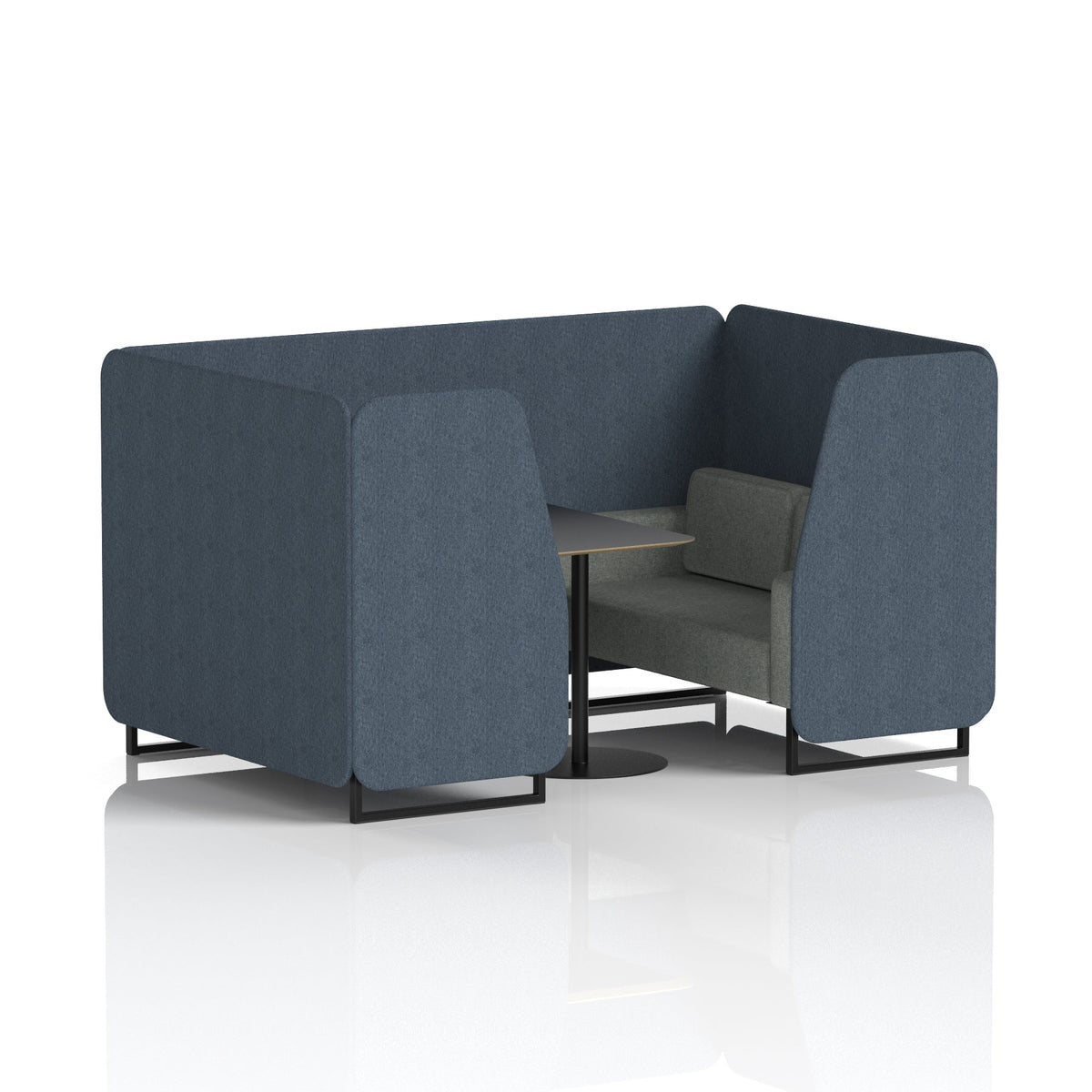 Commercial 4 Seater Privacy Booth with Black Table – Two Tone – Crib 5 Rivet - Crucible Panels And Prime Sofa Black - Industrious Decor