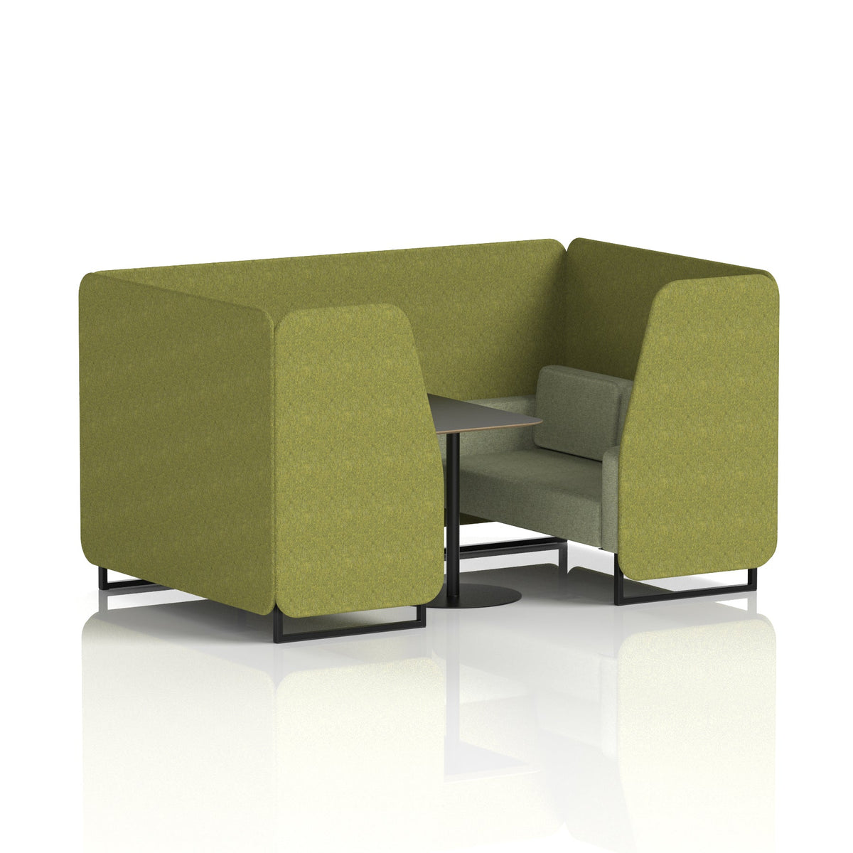 Commercial 4 Seater Privacy Booth with Black Table – Two Tone – Crib 5 Rivet - Olive Panels And Burnish Sofa Black - Industrious Decor
