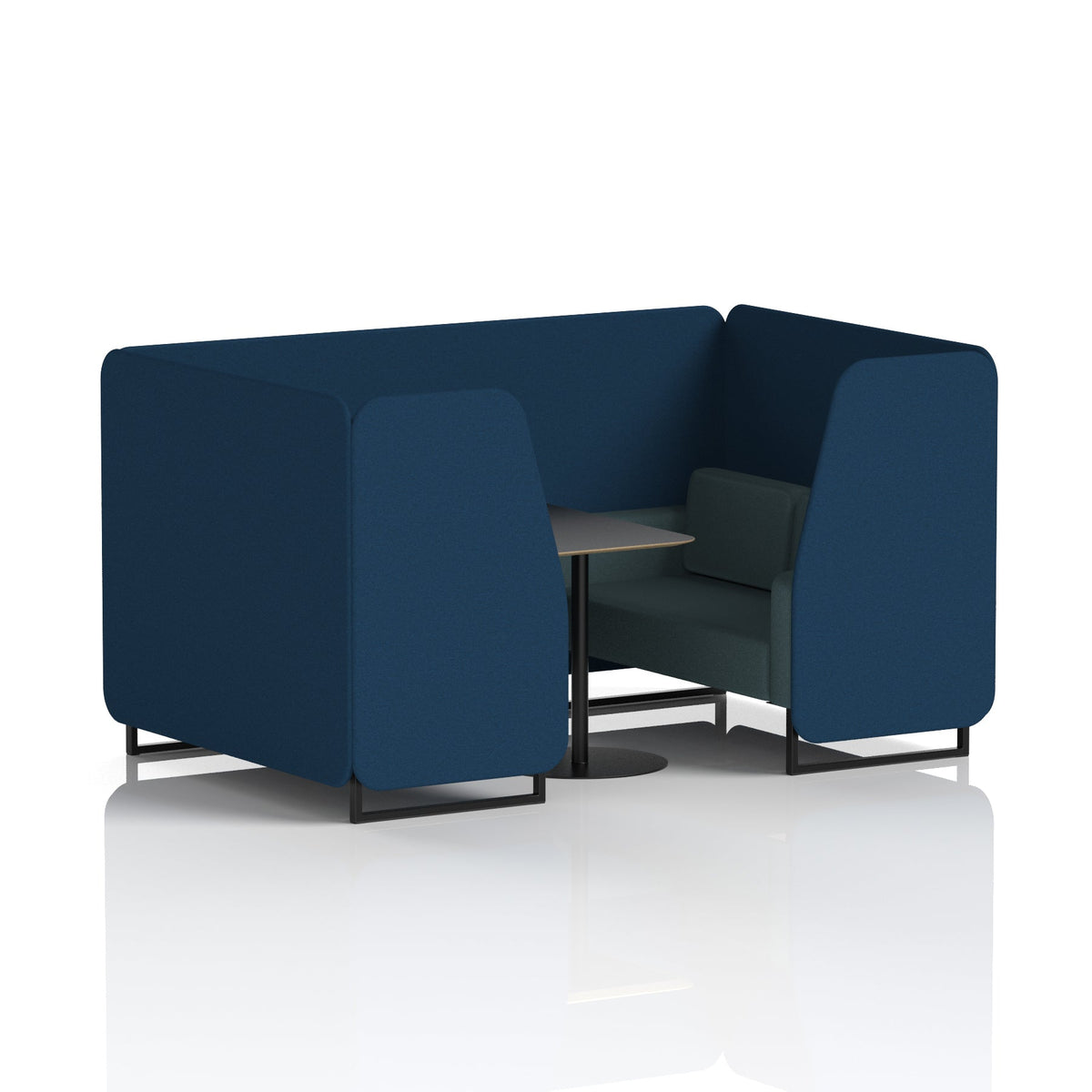 Commercial 4 Seater Privacy Booth with Black Table – Two Tone – Crib 5 X2 - Calculus Panels And Polygon Sofa Black - Industrious Decor