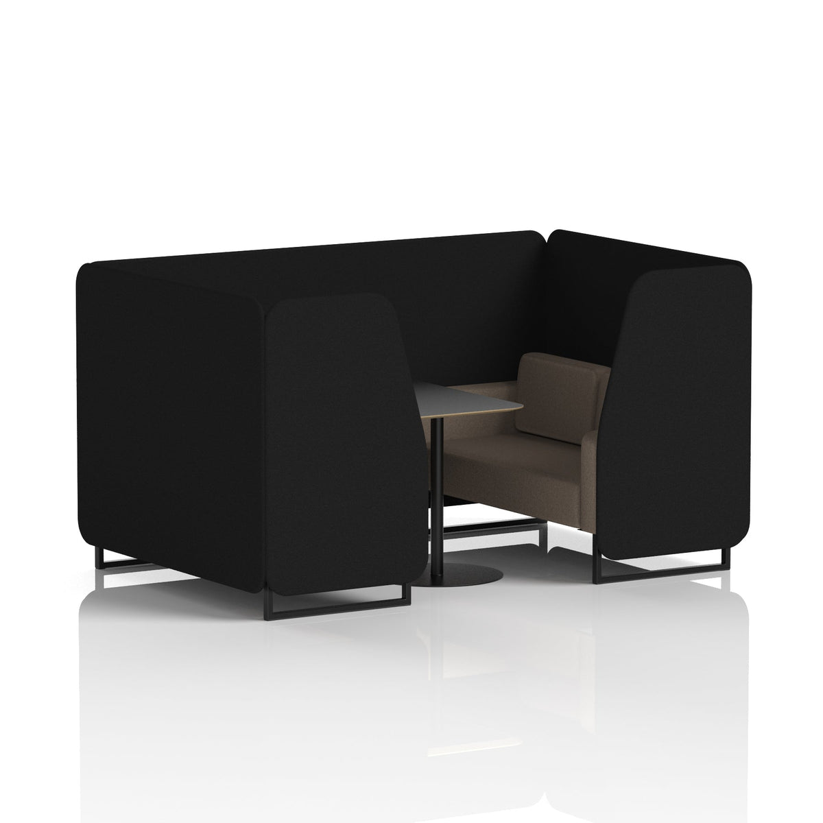 Commercial 4 Seater Privacy Booth with Black Table – Two Tone – Crib 5 X2 - Diameter Panels And Theory Sofa Black - Industrious Decor