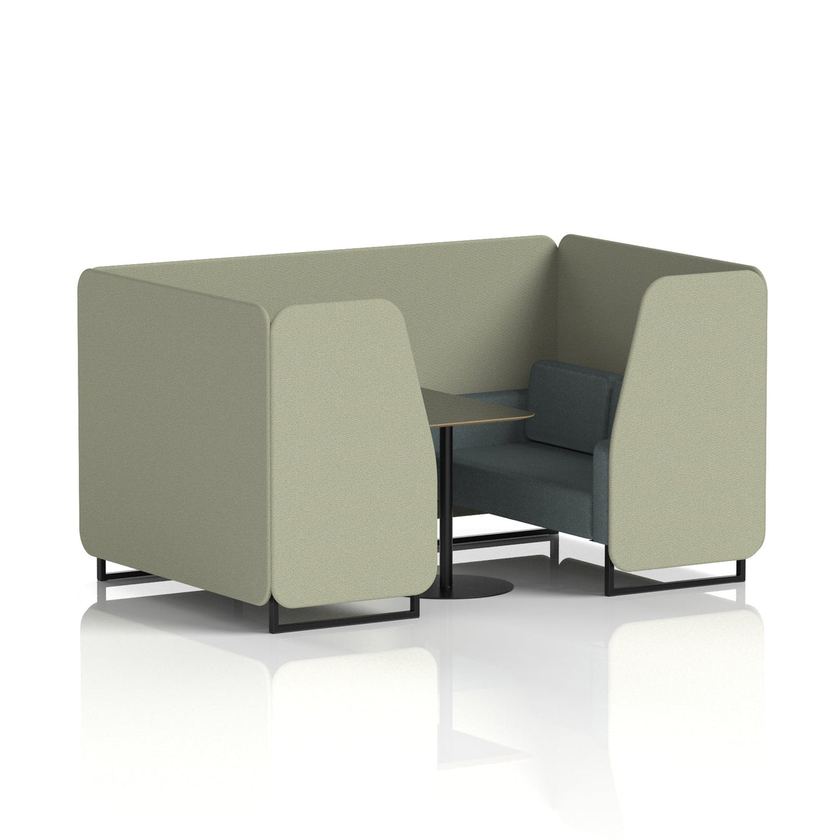 Commercial 4 Seater Privacy Booth with Black Table – Two Tone – Crib 5 Main Line Flax - Newbury Panels And Westminster Sofa Black - Industrious Decor