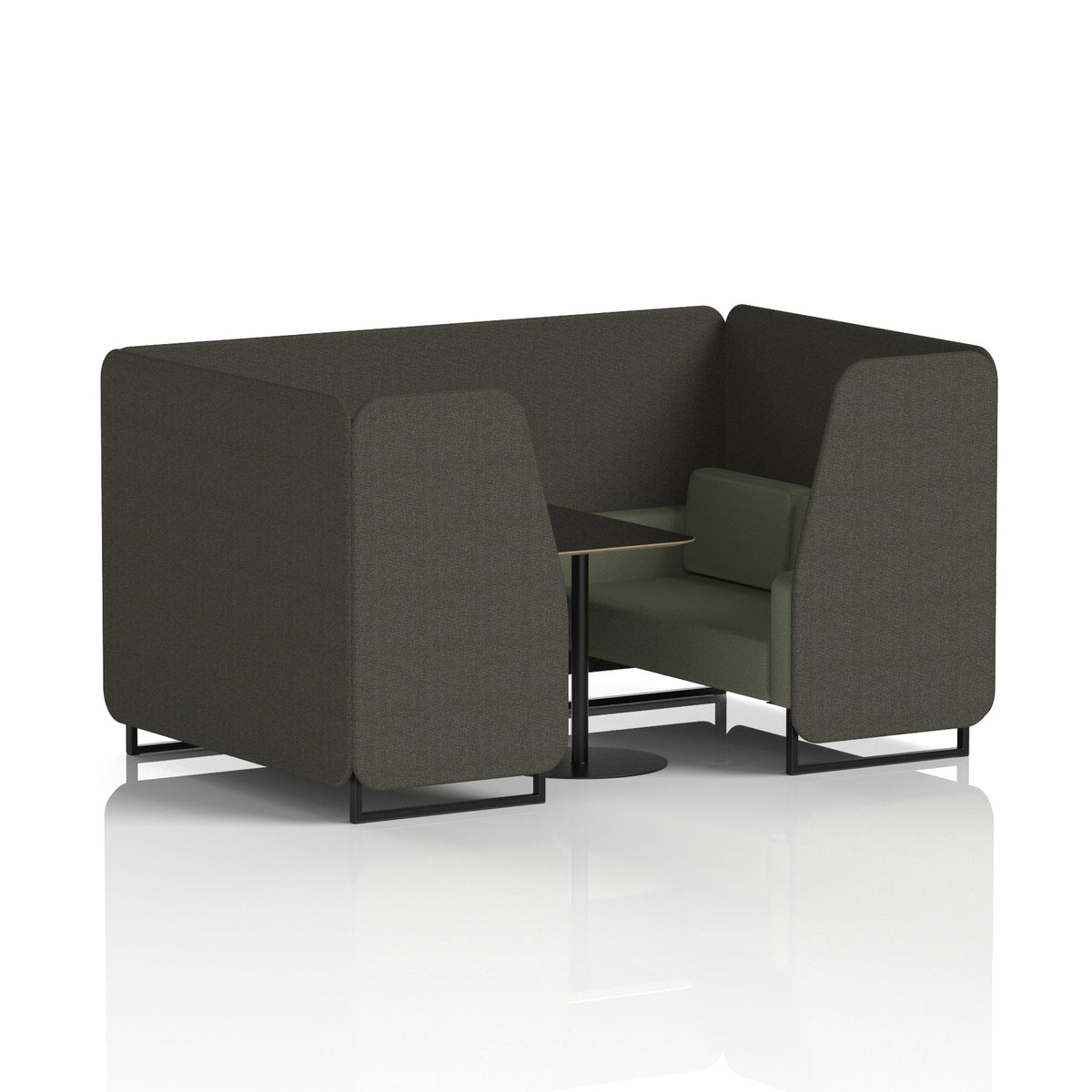 Commercial 4 Seater Privacy Booth with Black Table – Two Tone – Crib 5 Main Line Flax - Temple Panels And Monument Sofa Black - Industrious Decor