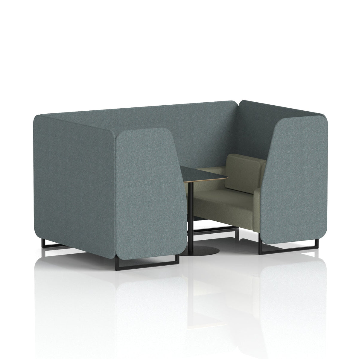 Commercial 4 Seater Privacy Booth with Black Table – Two Tone – Crib 5 Main Line Flax - Westminster Panels And Newbury Sofa Black - Industrious Decor