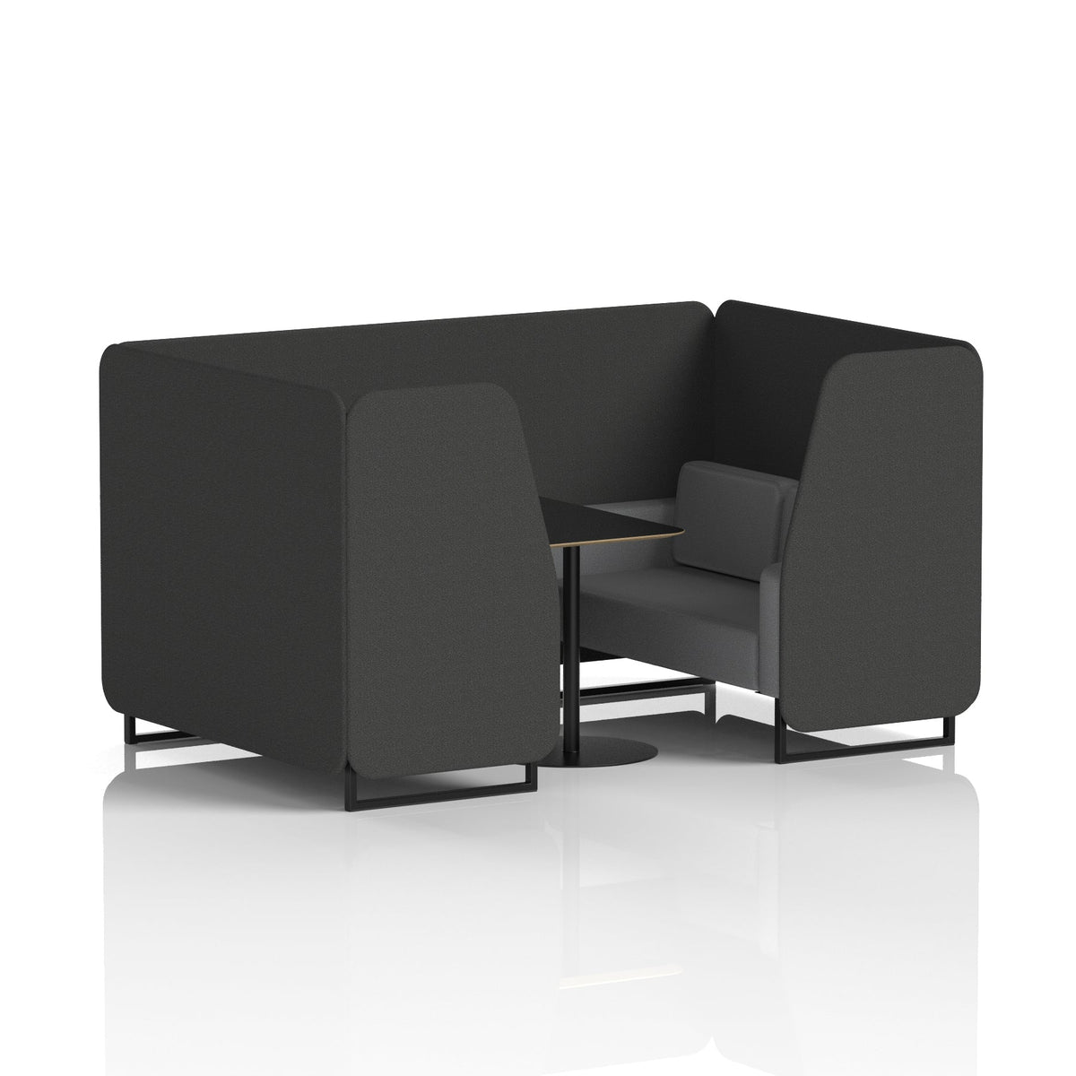 Commercial 4 Seater Privacy Booth with Black Table – Two Tone – Crib 5 Synergy - Mix Panels And Partner Sofa Black - Industrious Decor