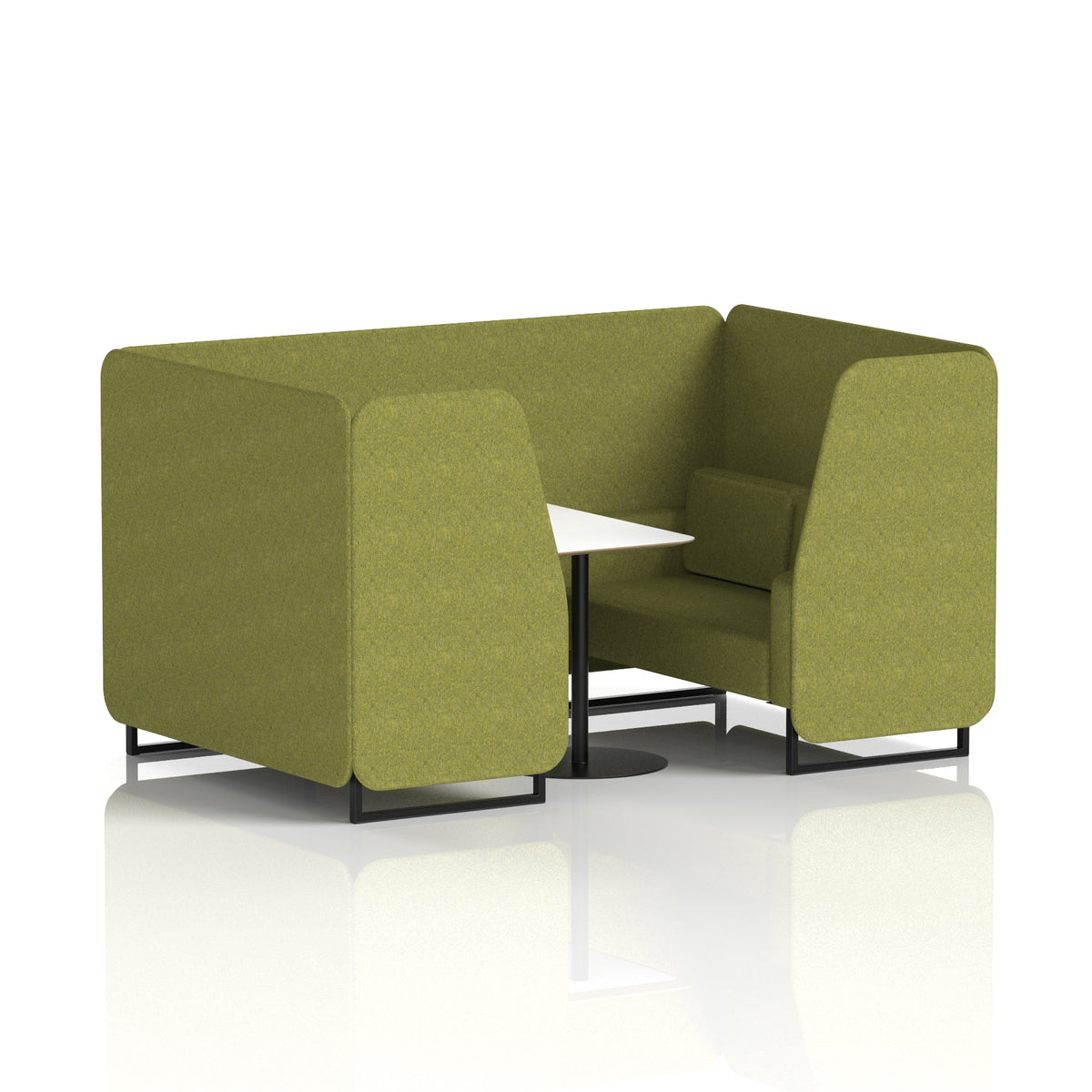 Commercial 4 Seater Privacy Booth with White Table – Single Tone – Crib 5 Rivet - Olive Panels And Sofa Black - Industrious Decor