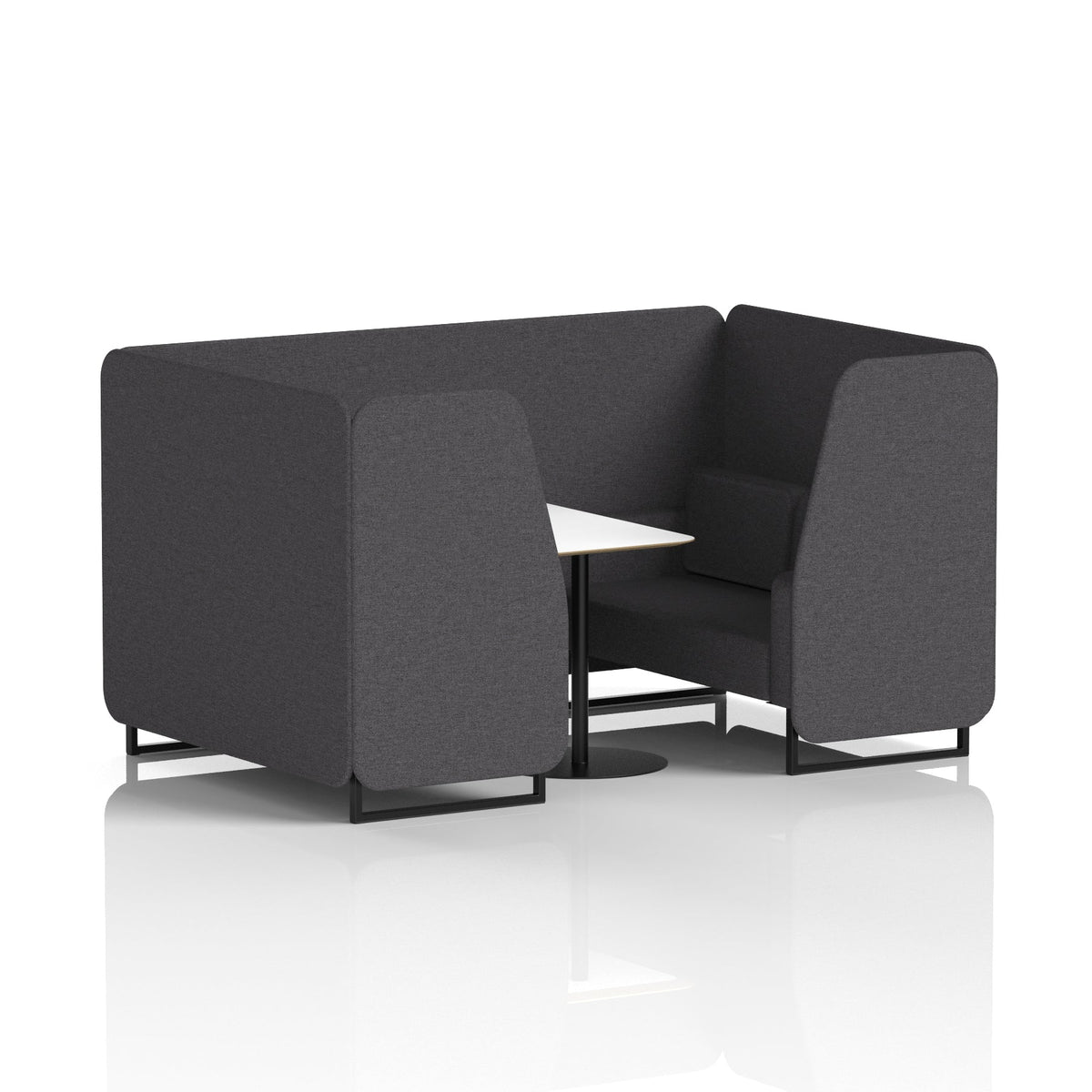 Commercial 4 Seater Privacy Booth with White Table – Single Tone – Crib 5 X2 - Arithmetic Panels And Sofa Black - Industrious Decor