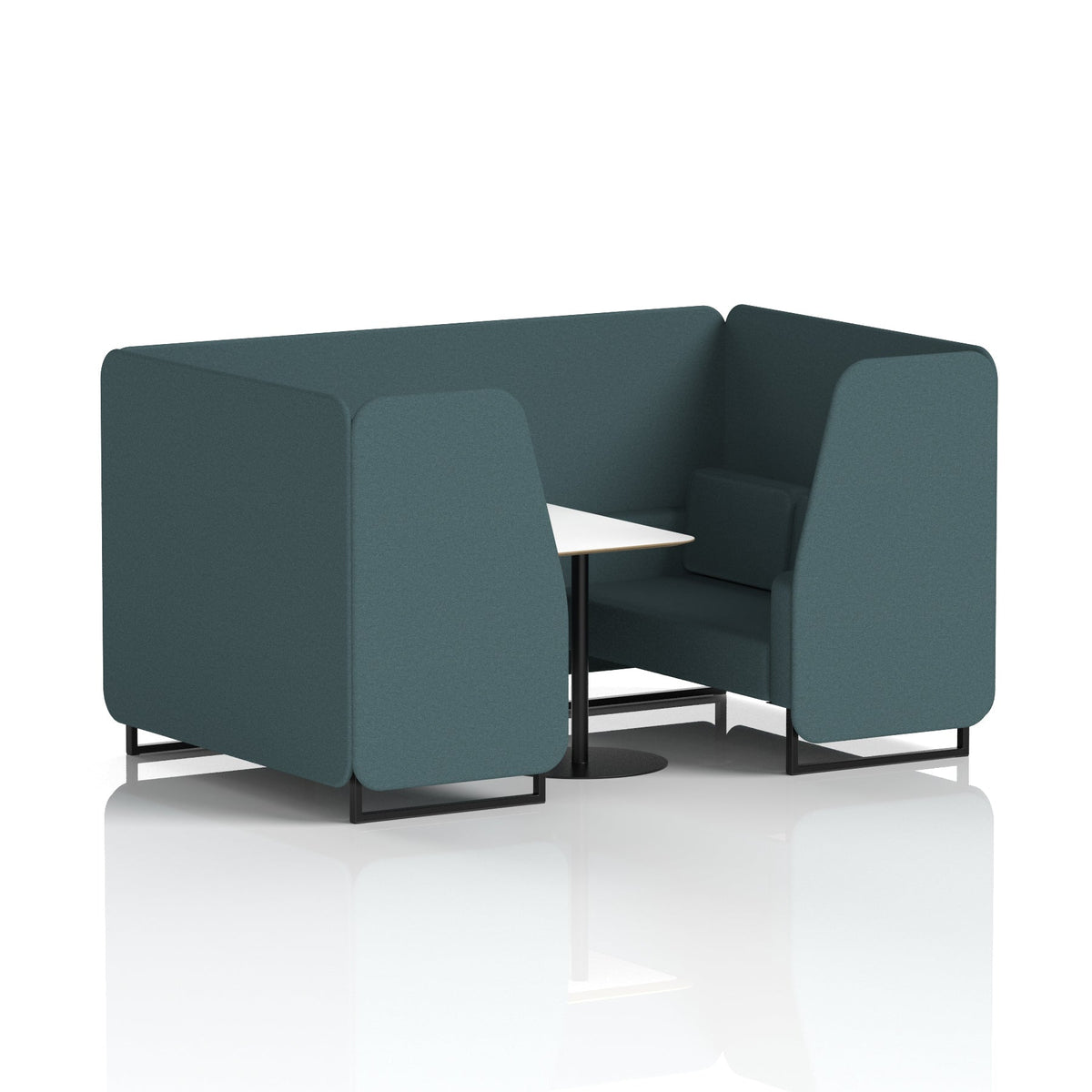 Commercial 4 Seater Privacy Booth with White Table – Single Tone – Crib 5 X2 - Polygon Panels And Sofa Black - Industrious Decor
