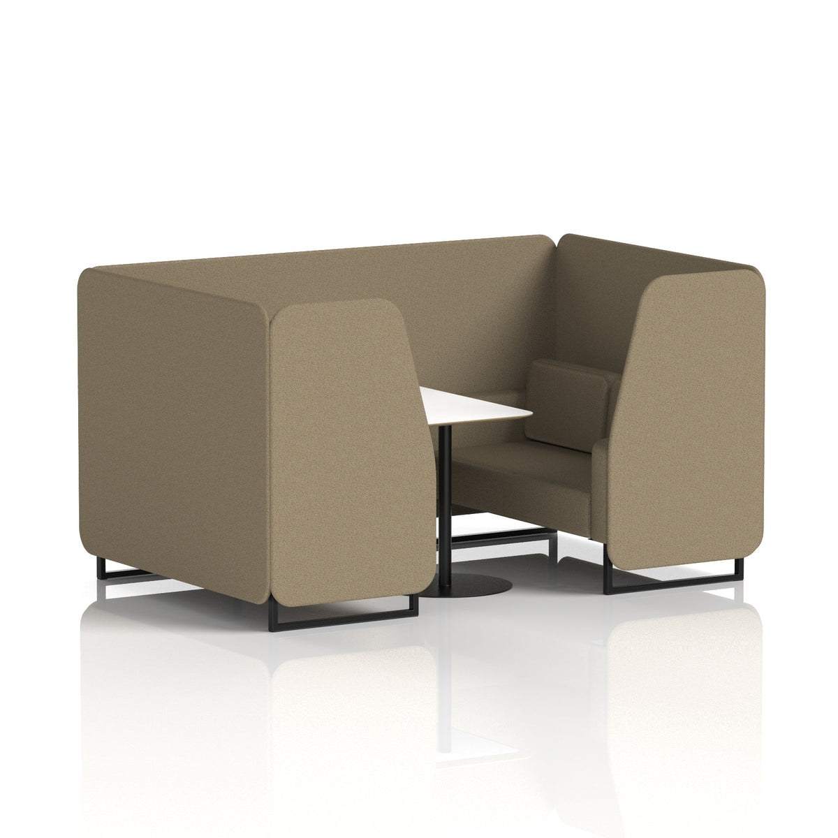 Commercial 4 Seater Privacy Booth with White Table – Single Tone – Crib 5 Main Line Flax - Bank Panels And Sofa Black - Industrious Decor