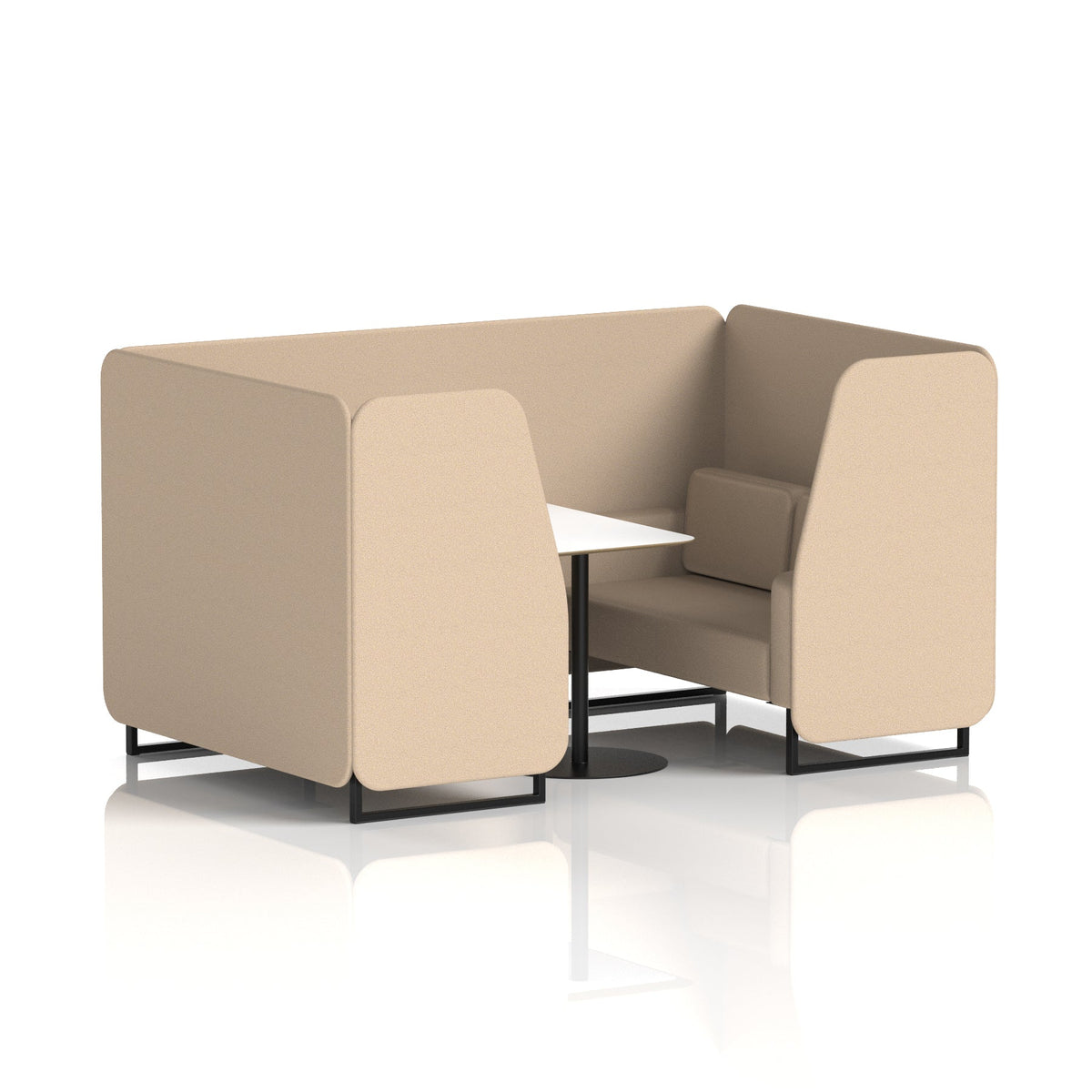 Commercial 4 Seater Privacy Booth with White Table – Single Tone – Crib 5 Synergy - Affix Panels And Sofa Black - Industrious Decor