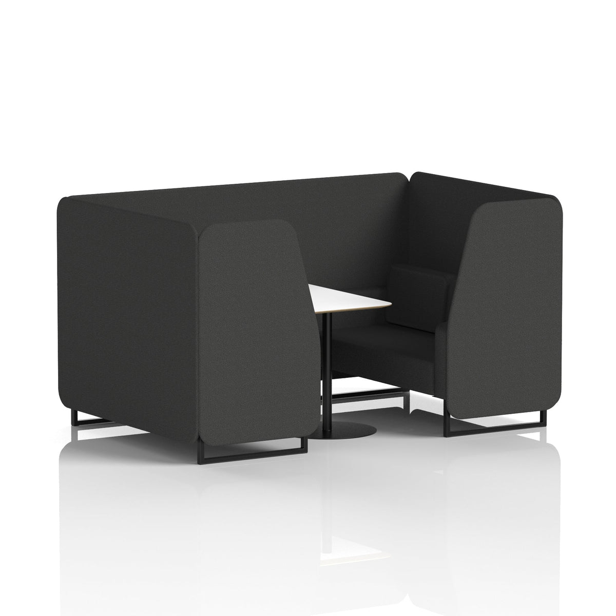 Commercial 4 Seater Privacy Booth with White Table – Single Tone – Crib 5 Synergy - Mix Panels And Sofa Black - Industrious Decor