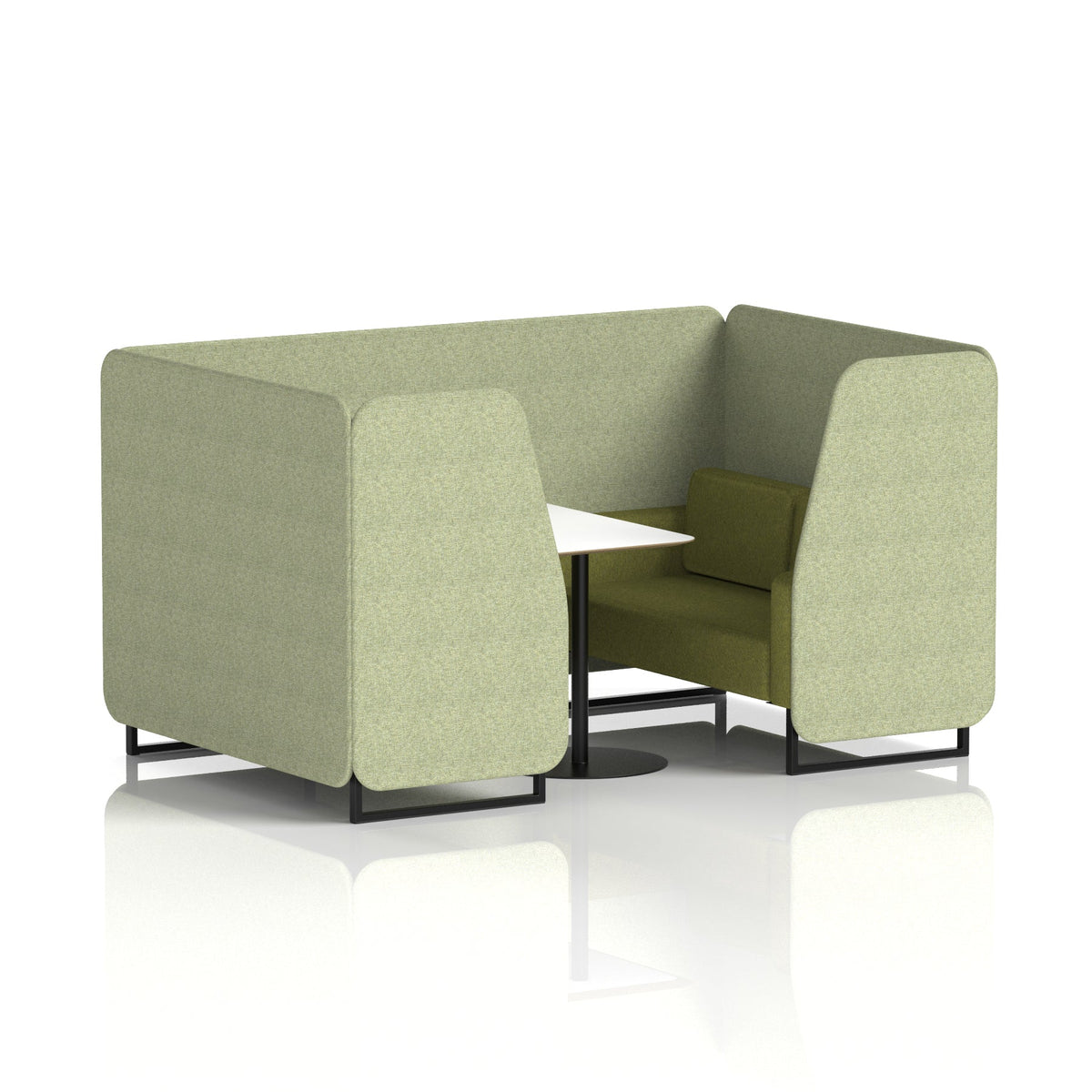 Commercial 4 Seater Privacy Booth with White Table – Two Tone – Crib 5 Rivet - Burnish Panels And Olive Sofa Black - Industrious Decor