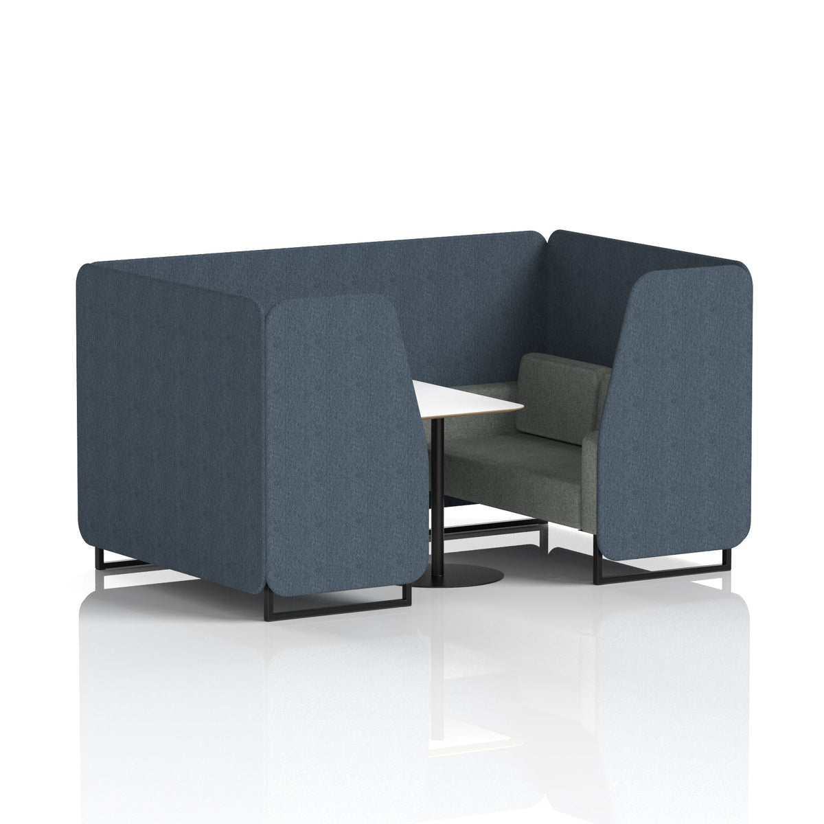 Commercial 4 Seater Privacy Booth with White Table – Two Tone – Crib 5 Rivet - Crucible Panels And Prime Sofa Black - Industrious Decor