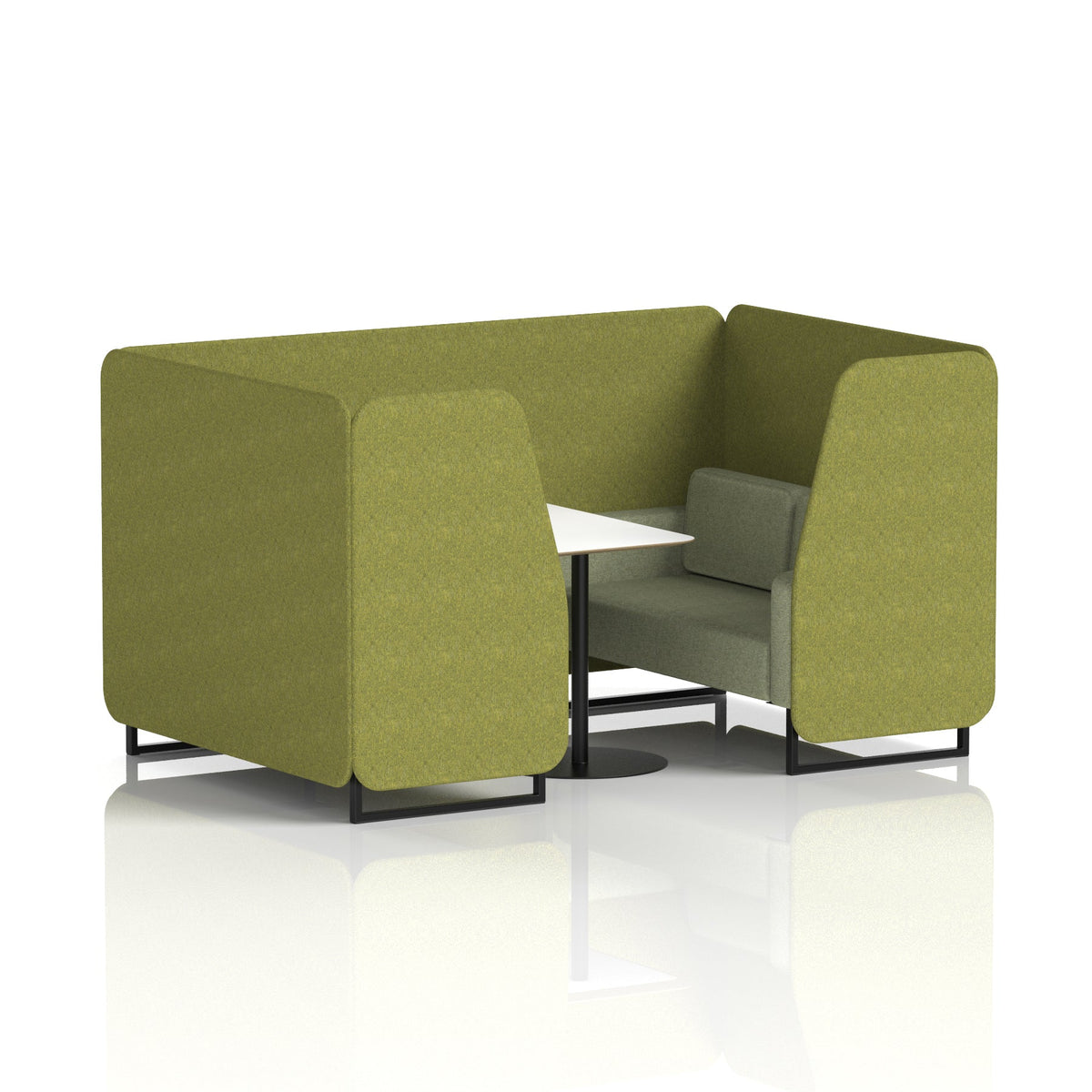 Commercial 4 Seater Privacy Booth with White Table – Two Tone – Crib 5 Rivet - Olive Panels And Burnish Sofa Black - Industrious Decor