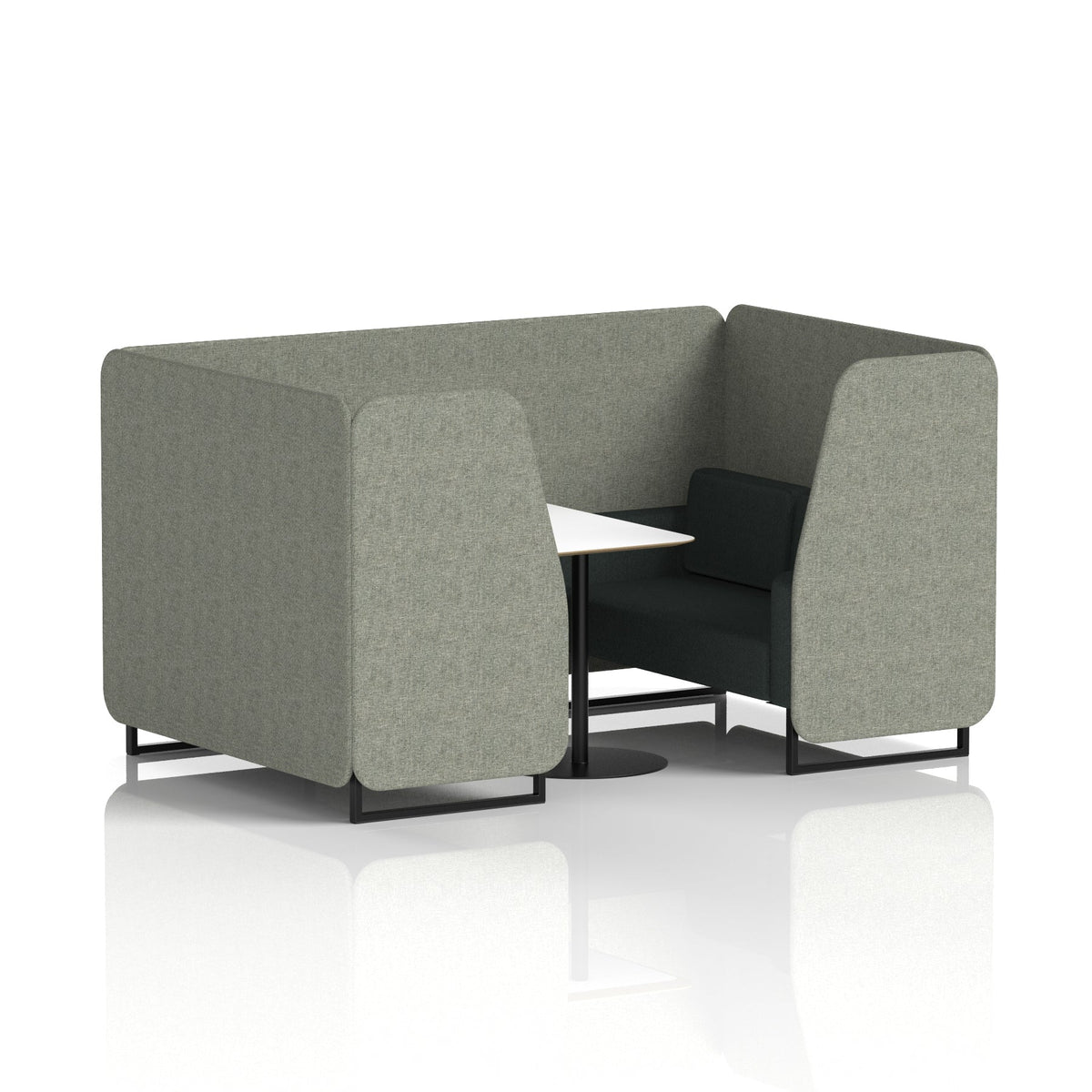 Commercial 4 Seater Privacy Booth with White Table – Two Tone – Crib 5 Rivet - Vitreous Panels And Charcoal Sofa Black - Industrious Decor