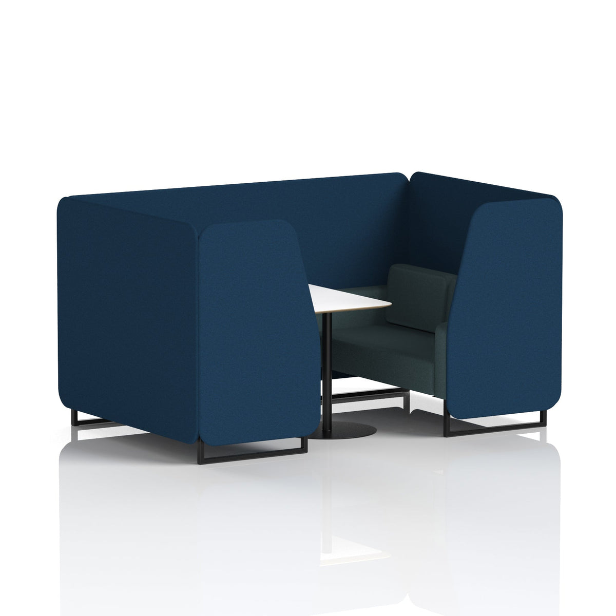 Commercial 4 Seater Privacy Booth with White Table – Two Tone – Crib 5 X2 - Calculus Panels And Polygon Sofa Black - Industrious Decor