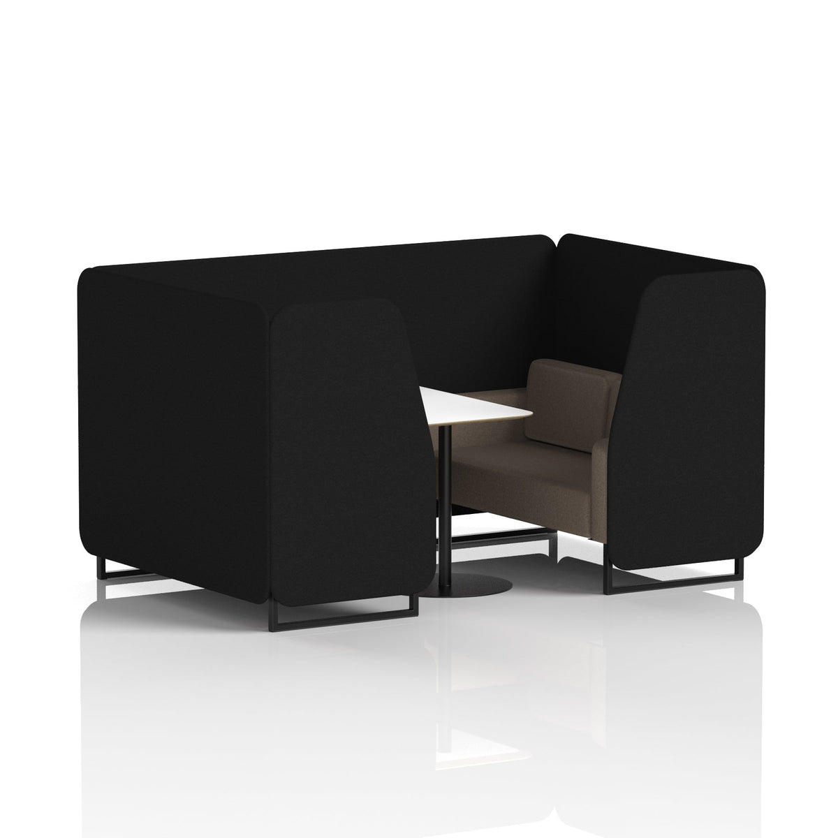 Commercial 4 Seater Privacy Booth with White Table – Two Tone – Crib 5 X2 - Diameter Panels And Theory Sofa Black - Industrious Decor