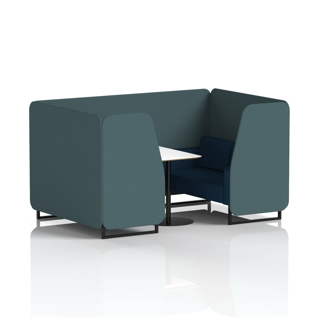 Commercial 4 Seater Privacy Booth with White Table – Two Tone – Crib 5 X2 - Polygon Panels And Calculus Sofa Black - Industrious Decor